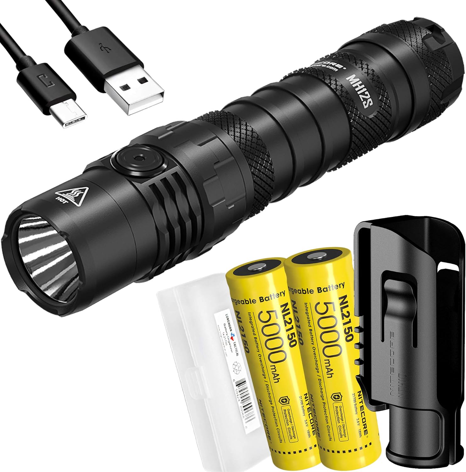 Dual Battery Bundle: NITECORE MH12S+NL2150 (MH12S) 1800 Lumen Rechargeable Flashlight Bundle with Two 5000mAh Battery and LumenTac Battery Case