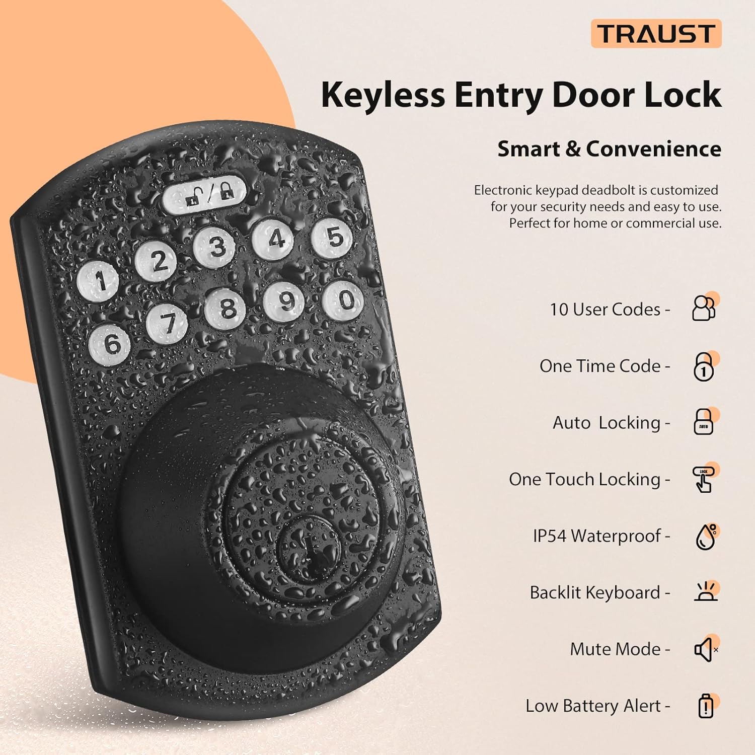 Electronic Keypad Deadbolt, TRAUST Keyless Entry Door Lock with Handle, 4-Piece Front Door Lock Set, Auto Lock, 1-Touch Locking, Low Battery Alert, 10 User Codes, IP54 Waterproof, Matte Black