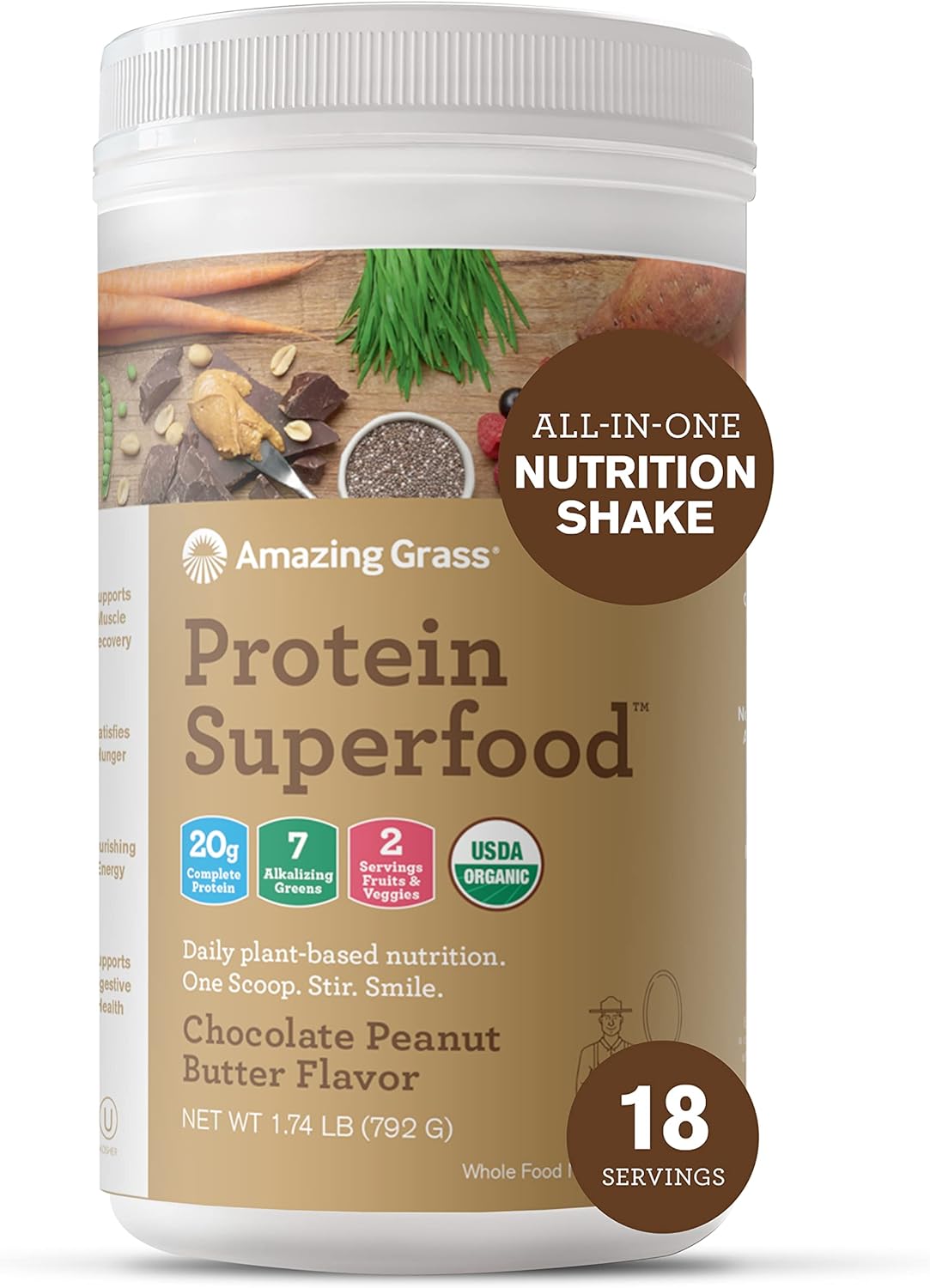 Amazing Grass Protein Superfood: Vegan Protein Powder, All-in-One Nutrition Shake, with Beet Root Powder, Chocolate Peanut Butter, 18 Servings (Old Version) Pack of 2