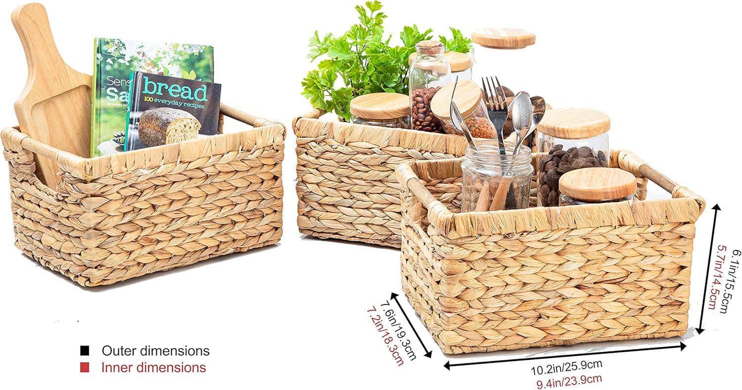 VATIMA Small Wicker Baskets for Organizing Bathroom, Hyacinth Baskets for Storage, Wicker Storage Basket with Wooden Handle, Decorative Wicker Small Basket 10.2 x 7.5 x 6.1 inches - 3 Pack Pack of 2