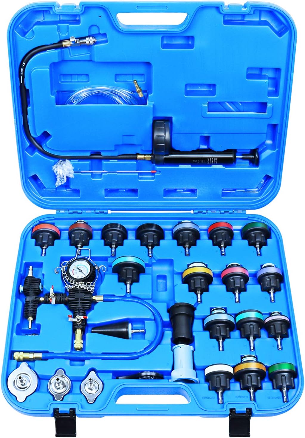 YSTOOL Radiator Pressure Tester Coolant Vacuum Refill Kit 28PCS Automotive Cooling System Leak Test Pneumatic Water Tank Purge Fill Tool Set with Gauge Adapter Cap Universal for Auto Car Airlift
