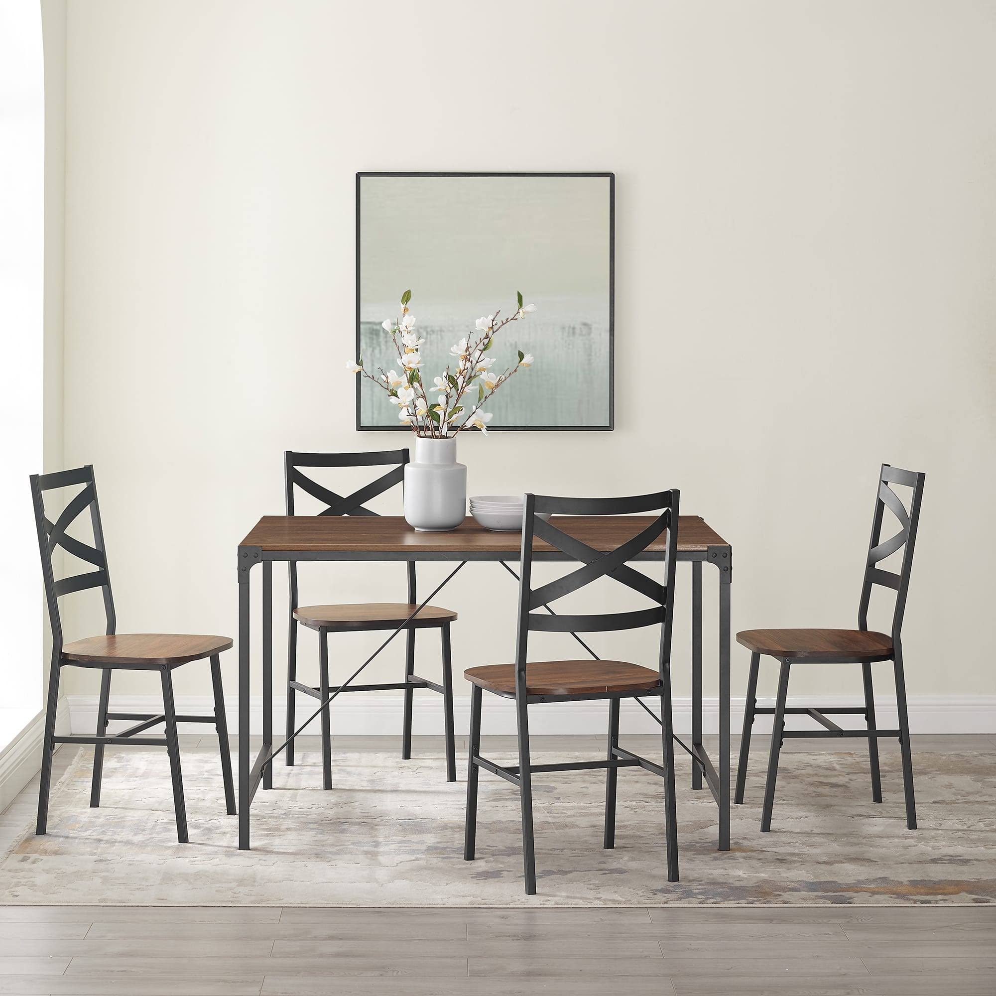 Walker Edison 5 Piece Angle Iron Dining Set x Back Chairs Dark Walnut