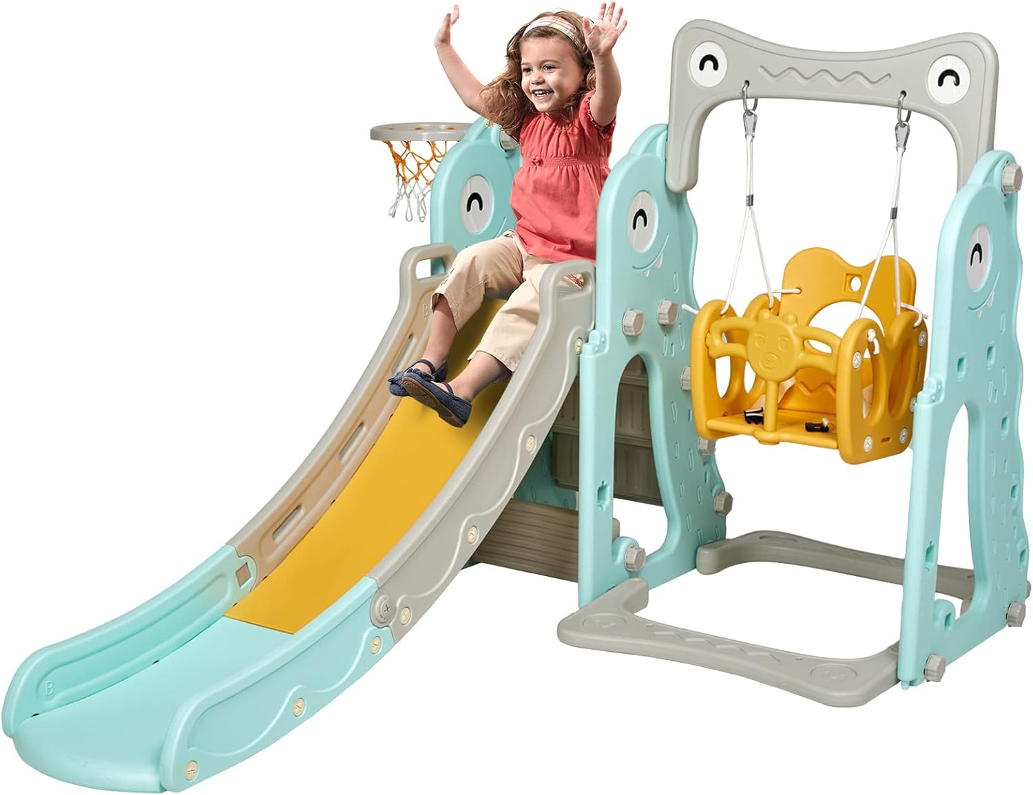 Albott Toddler Slide and Swing Set 4 in 1, Kids Play Climber Slide Playset with Basketball Hoop Extra Long Slide, Easy Set Up Baby Slide for Indoor Outdoor Backyard Blue