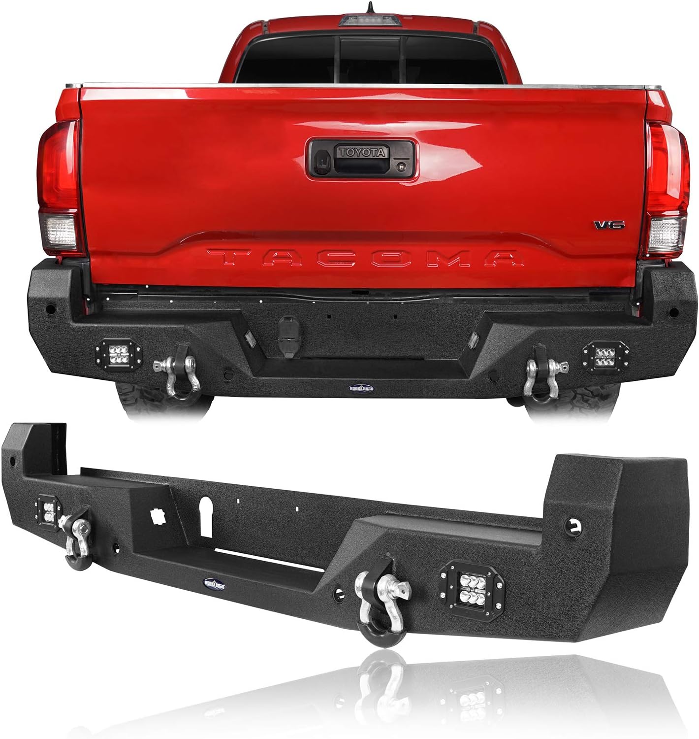 u-Box Tacoma Rear Bumper Texture Steel Step Bumper Compatible with Toyota Tacoma 3rd Gen Pickup Trucks 2016-2022 - Off Road Tacoma Bumper w/D Rings & 2x LED Floodlights