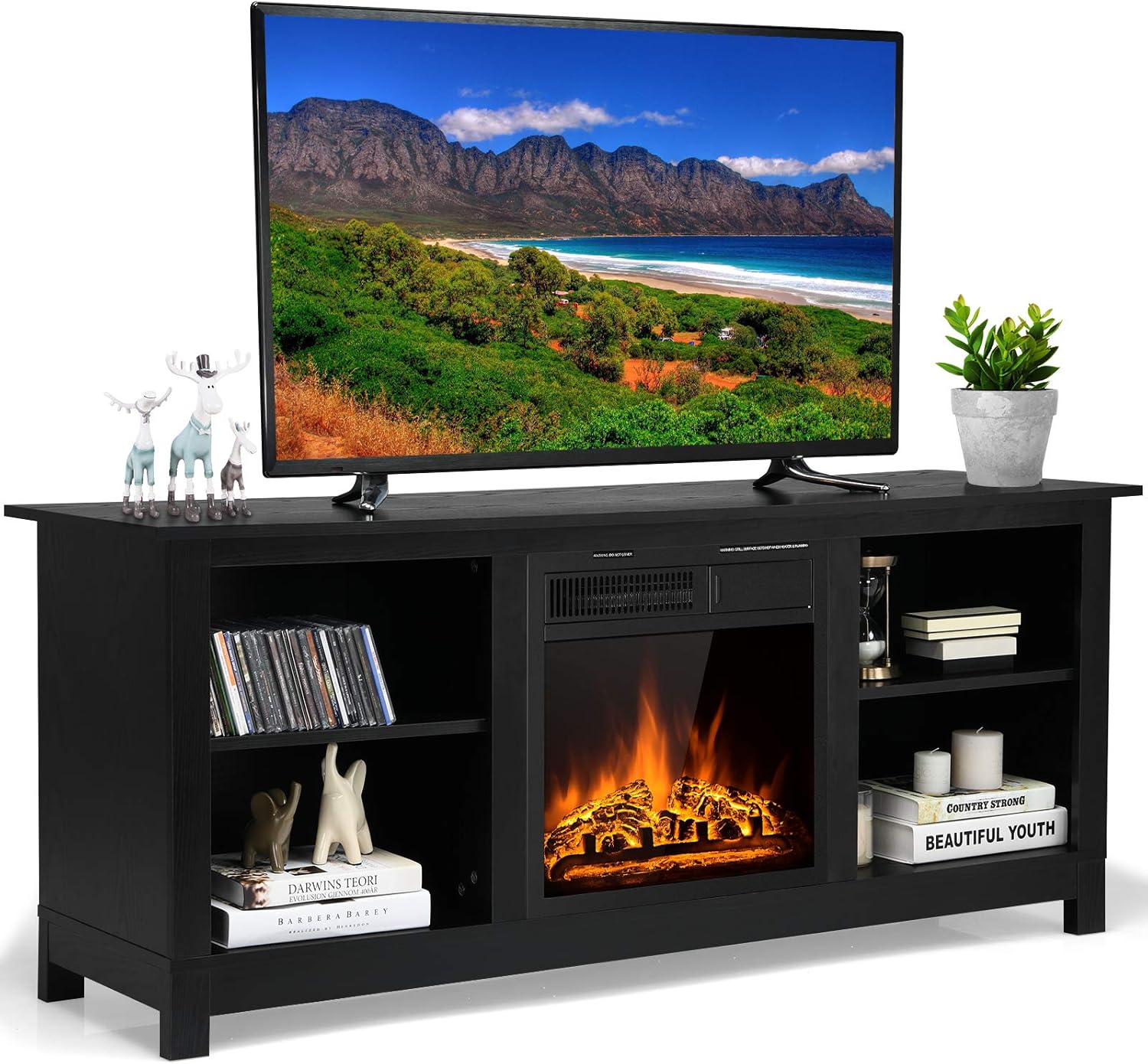 Tangkula Fireplace TV Stand for TVs up to 65 Inches, 58 Inches Media Console Table w/ Fireplace, 1500W Electric Fireplace Stove TV Storage Cabinet w/Remote Control, Adjustable Brightness & Heat