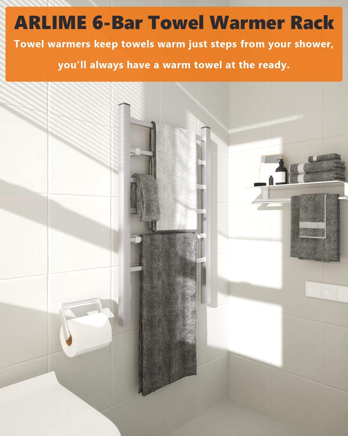 ARLIME Heated Towel Rack, Towel Warmer Rack 6-Bar, Wall Mounted Electric Towel Warmer, Electric Towel Drying Rack Freestanding, White Heated Towel Warmer for Bath, Plug-in/Hardwired