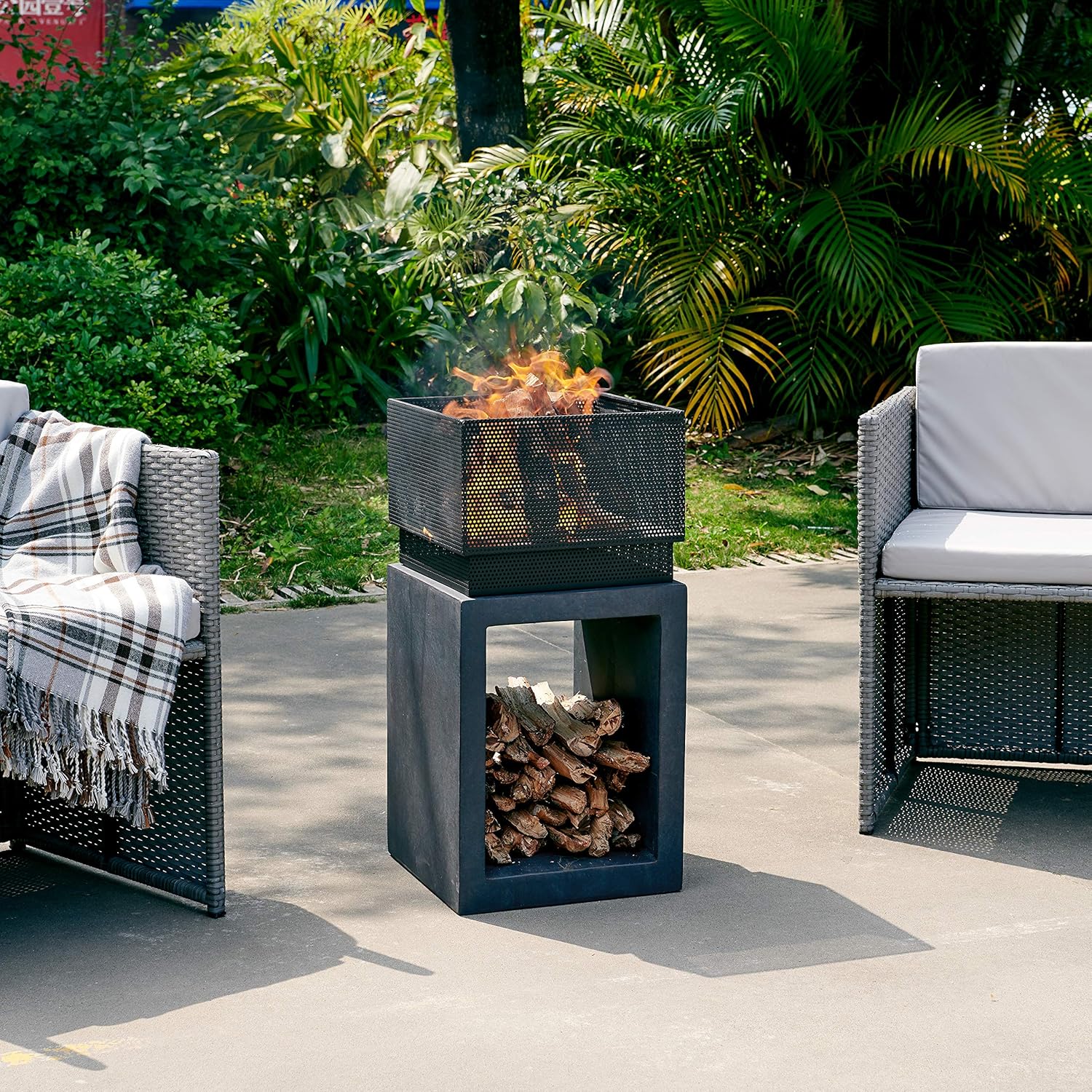 Danya B. TFE979756 Outdoor Rectangular Wood Burning Fire Pit for Backyard or Patio &ndash; Metal Fire Bowl with Built-in Faux Stone Firewood Holder/Rack