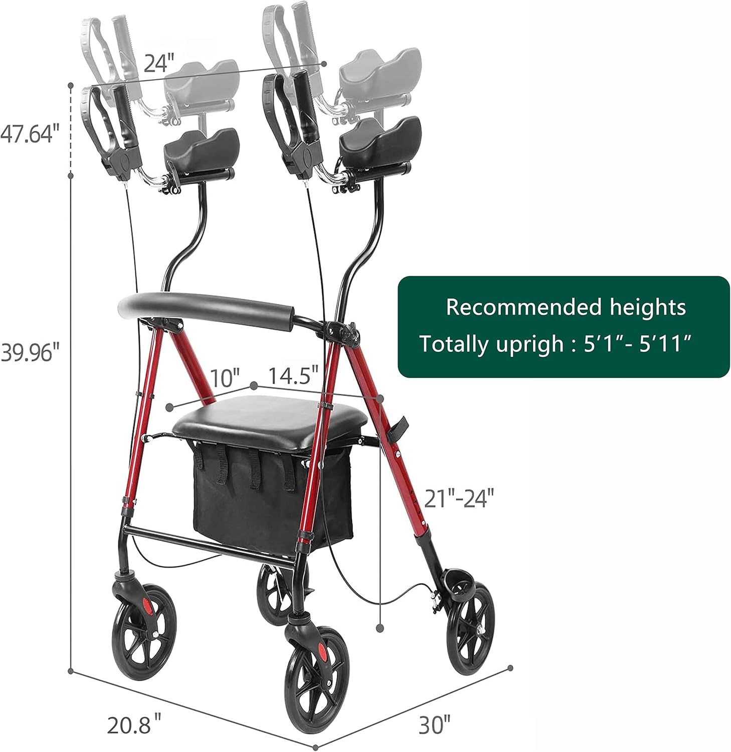 FreeAction Upright Walker with seat and Forearm,Rolling Foldable Walkers for Seniors from 5’ to 5’11” (Red, Large)