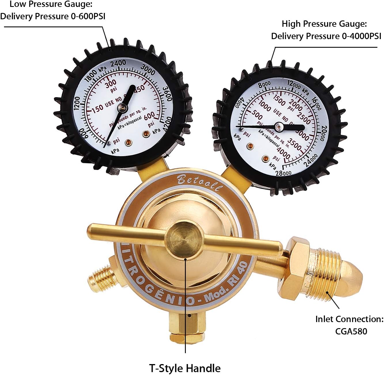 BETOOLL Nitrogen Regulator with 0-400 PSI Delivery Pressure Equipment Brass Inlet Outlet Connection Gauges Pack of 2