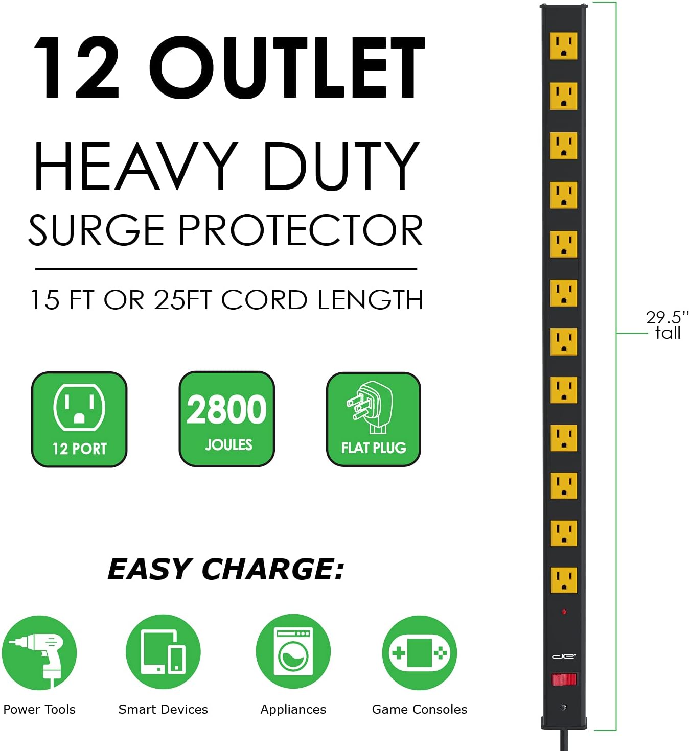 Digital Energy 12 Outlet Heavy Duty Metal Workshop 15 Ft Long Power Strip Extension Cord 2800 Joules Surge Protector (14AWG) Pack of 2