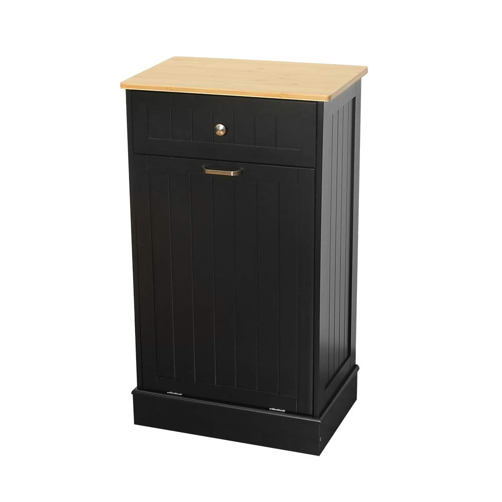 U-Eway Wooden Tilt Out Trash Cabinet Free Standing Kitchen Trash Can Holder or Recycling Cabinet with Hideaway Drawer, Removable Cutting Board (Black)
