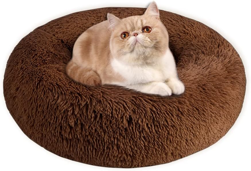 SlowTon Calming Dog Bed, Donut Dog Cuddler Bed Ultra Soft Fluffy Faux Fur Plush Round Anti-Anxiety Dog Cat Cushion Bed with Cozy Non-Slip Bottom for Large Medium Small Dogs , Machine Washable