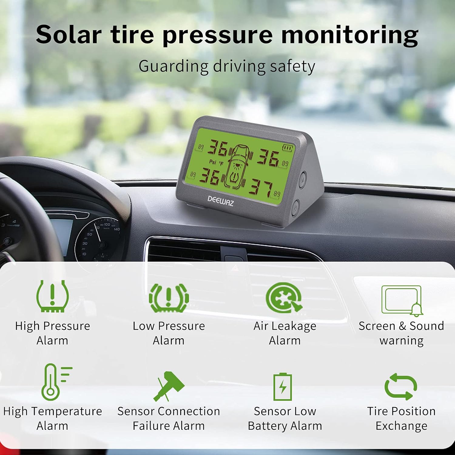 DEEWAZ Tire Pressure Monitoring System, 0-116 Psi, with 6 Alarm Modes, Solar & Magnetic Charge, Auto Backlight & Sleep & Awake, DIY Front/Rear Tire Pressure, Green LCD for 4 Wheel Car