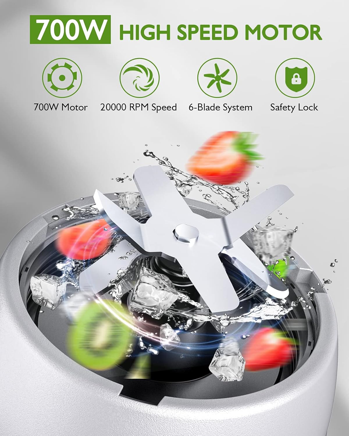 YaFex 700W Personal Blender, Blender for Shakes and Smoothies, 6-Blade Smoothie Blender for Frozen Fruit and Ice, with 1 28 Oz Travel Bottle, 1 To-Go Lid, BPA Free & Dishwasher Safe (Gray/Silver) Pack of 2