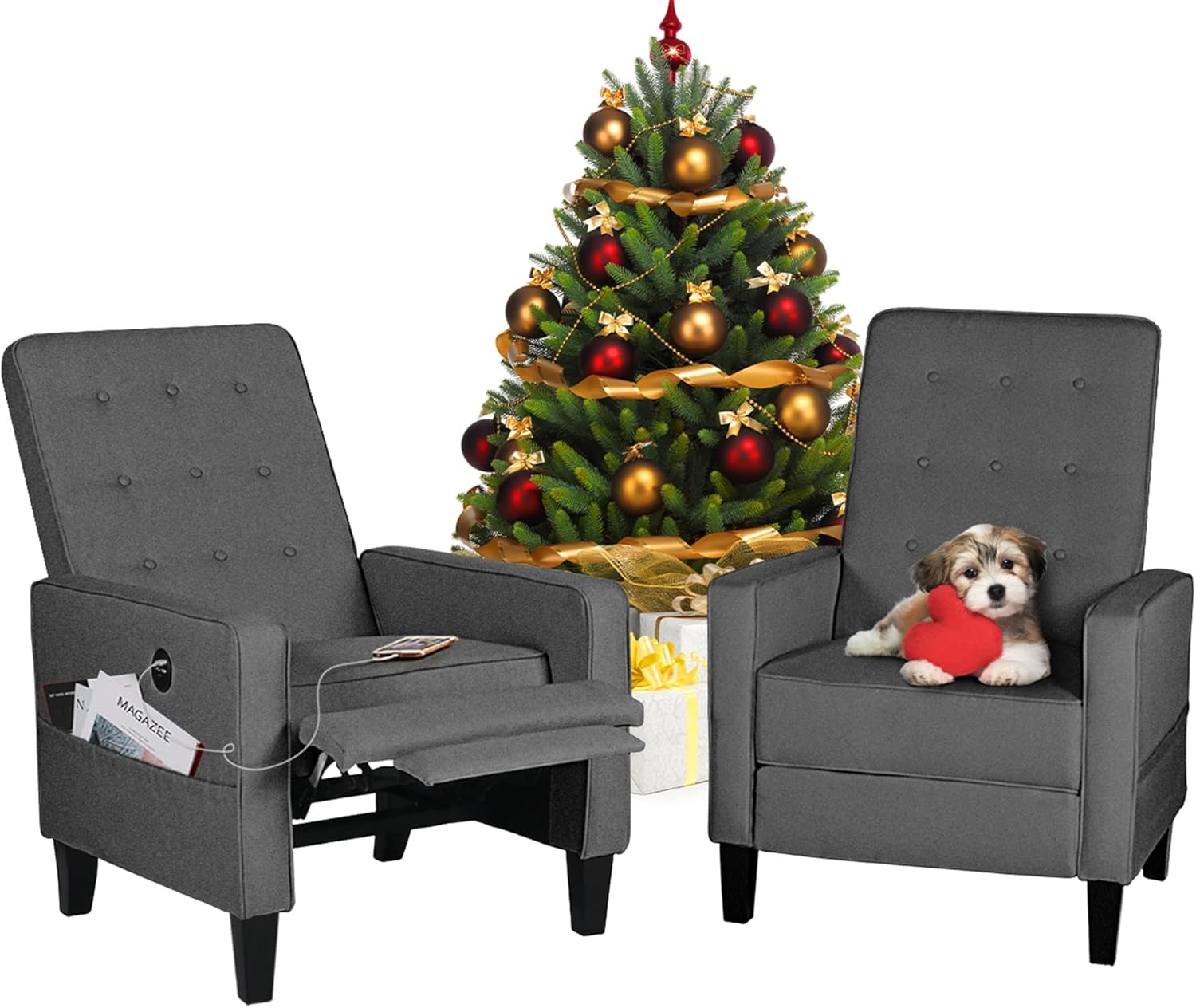 STHOUYN Fabric Recliner Chair Lazy Boy with USB Charger Footrest and Button-Tufted Back Accent Armchair Living Room Bedroom, Comfy Adjustable Chaise Lounge Gaming Reclining Chair Small Spaces Red