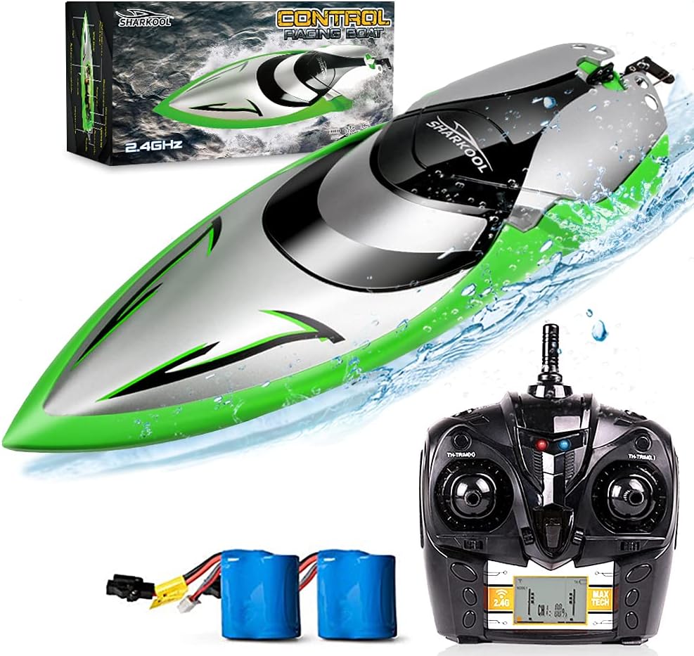 Remote Control Boat [Upgraded 2021] - SHARKOOL 2.4 GHZ 25+ MPH RC Boat, Fast Remote Controlled Boat for Pools and Lakes, RC Boats for Adults and Kids with 2 Rechargeable Batteries Pack of 2