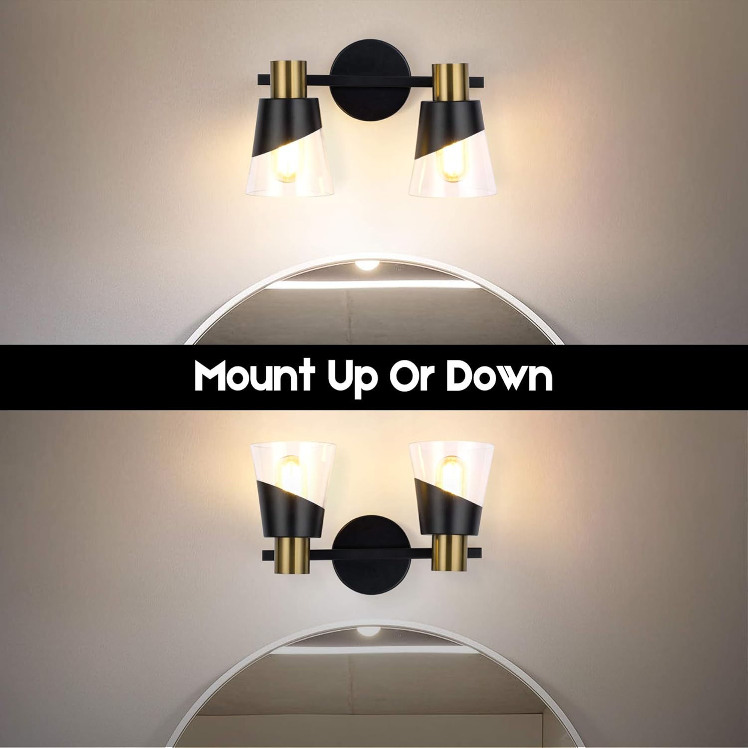 Bathroom Light Fixtures Over Mirror 13 inch Vintage Vanity Lighting Fixtures Black and Gold Design with Bevelled Edge and Clear Glass Shade Wall Lamp (2 Lights)