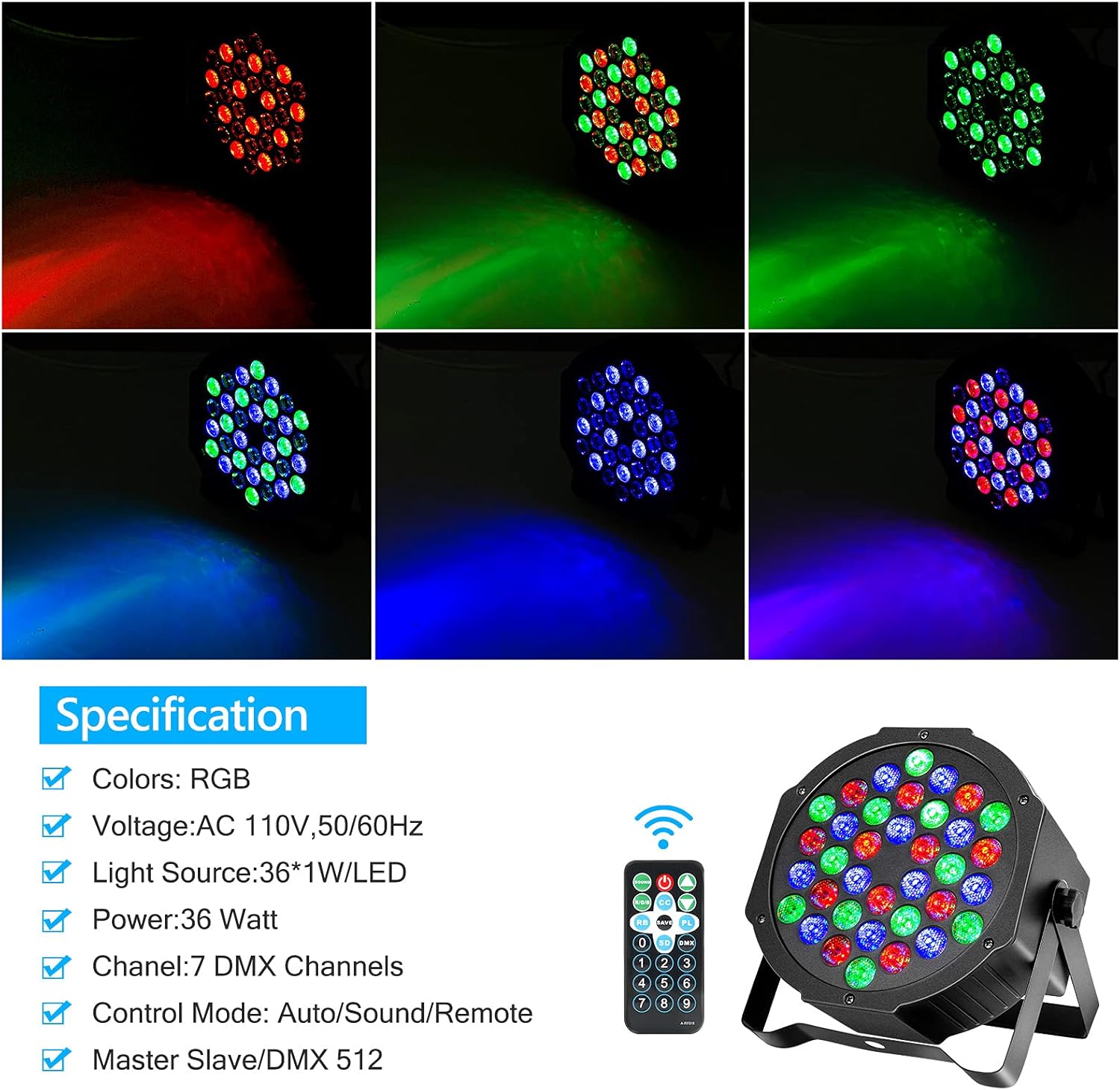 Litake 36 LED DJ Par Lights,RGB Stage Lights Sound Activated,DMX Compatible LED Up Lights,7 Modes Uplighting Lights with Remote for Wedding Event Party Concert, 4 Packs