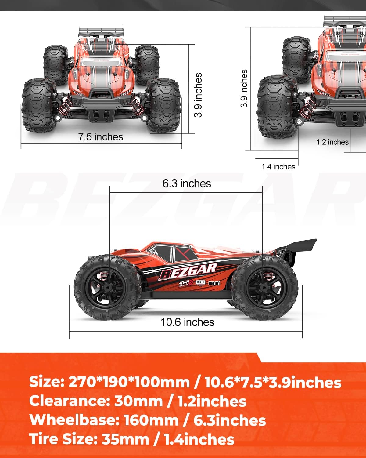 BEZGAR HM181 Hobby Grade 1:18 Scale Remote Control Monster Vehicle Trucks - 4WD Top Speed 35 Km/h All Terrains Off Road RC Truck, Waterproof RC Car with 2 Rechargeable Batteries for Kids and Adults Pack of 2