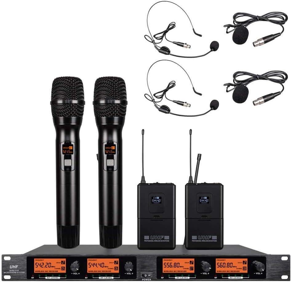 Wireless Microphone System 4 Channel Microphone 2 Handheld Mic 2 Bodypack Headset 2 Lavalier 2 Lapel Mic UHF Karaoke System Church Speaking Conference Meeting Wedding Party Frequency B