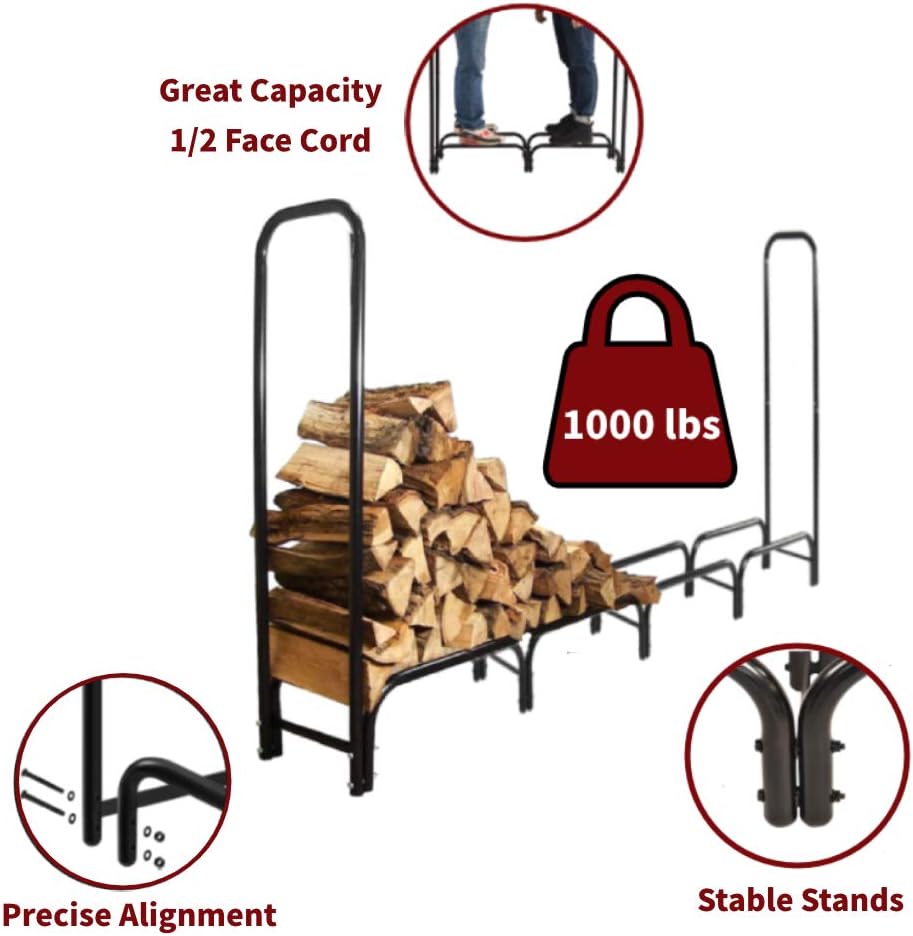 Leasbar Firewood Log Rack 8ft Storage Rack Log Holder Storage Stand Woodpile Rack Outdoor Indoor Steel Black