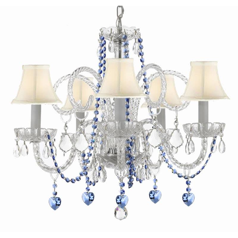 Gallery T22-2228 5 Light 24x22 Wide Crystal Chandelier with Blue Crystal Accents Clear / Blue Crystal