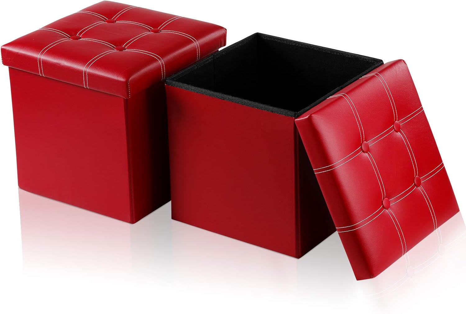 Large Storage Ottoman Cube（2-Pack 15X15X15 Inch Folding Storage Box Chest with Lids,Memory Foam Seat Tufted Faux Leather Trunk,Bedroom Ottomans Cube, Foot Rest Stool (Wine Red, Faux Leather) Pack of 2