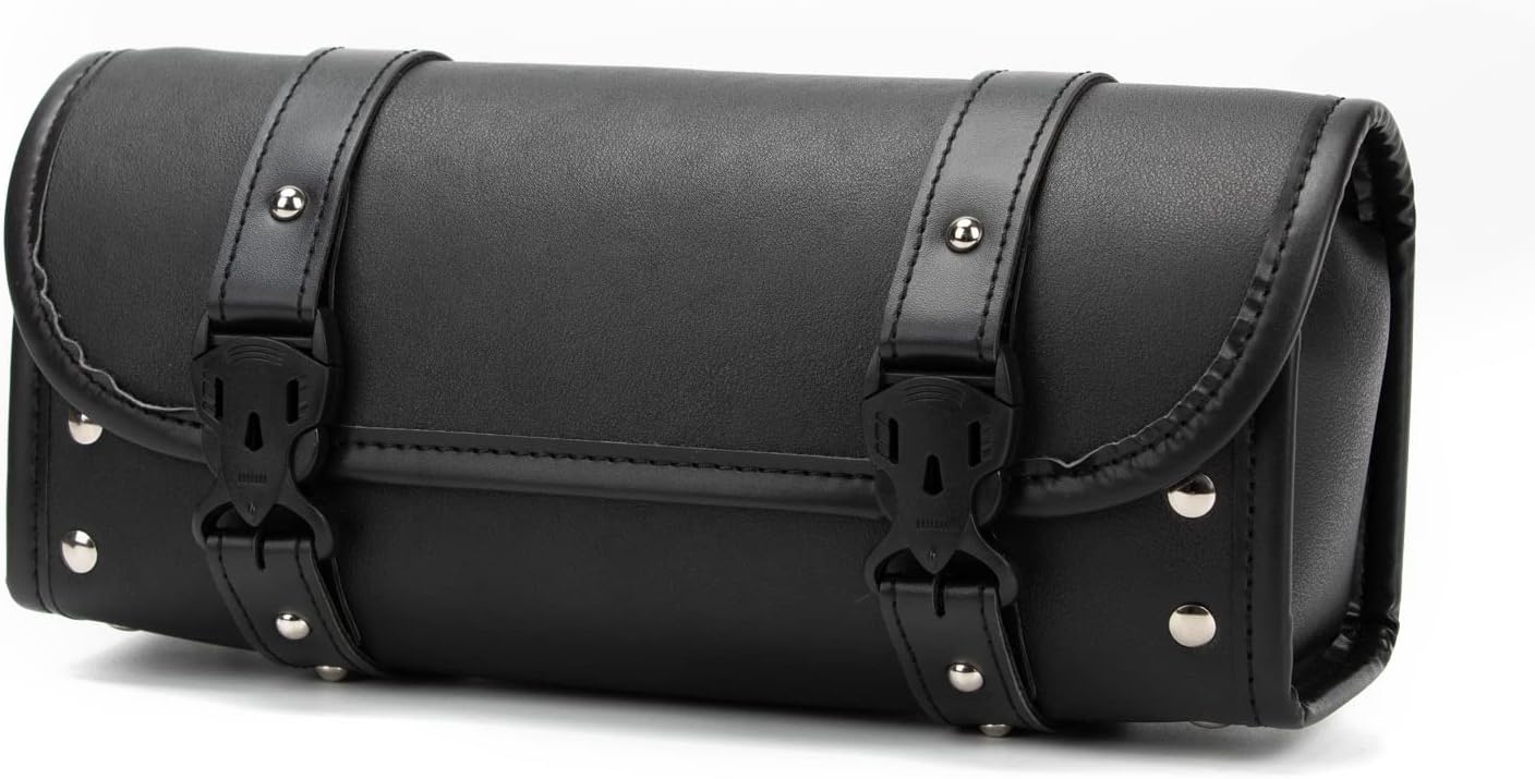 Motorcycle Bag, Universal Motorcycle Handlebar Bag, Motorcycle Fork Bag PU Leather Black Roll Saddlebags for Honda Kawasaki Suzuki Yamaha