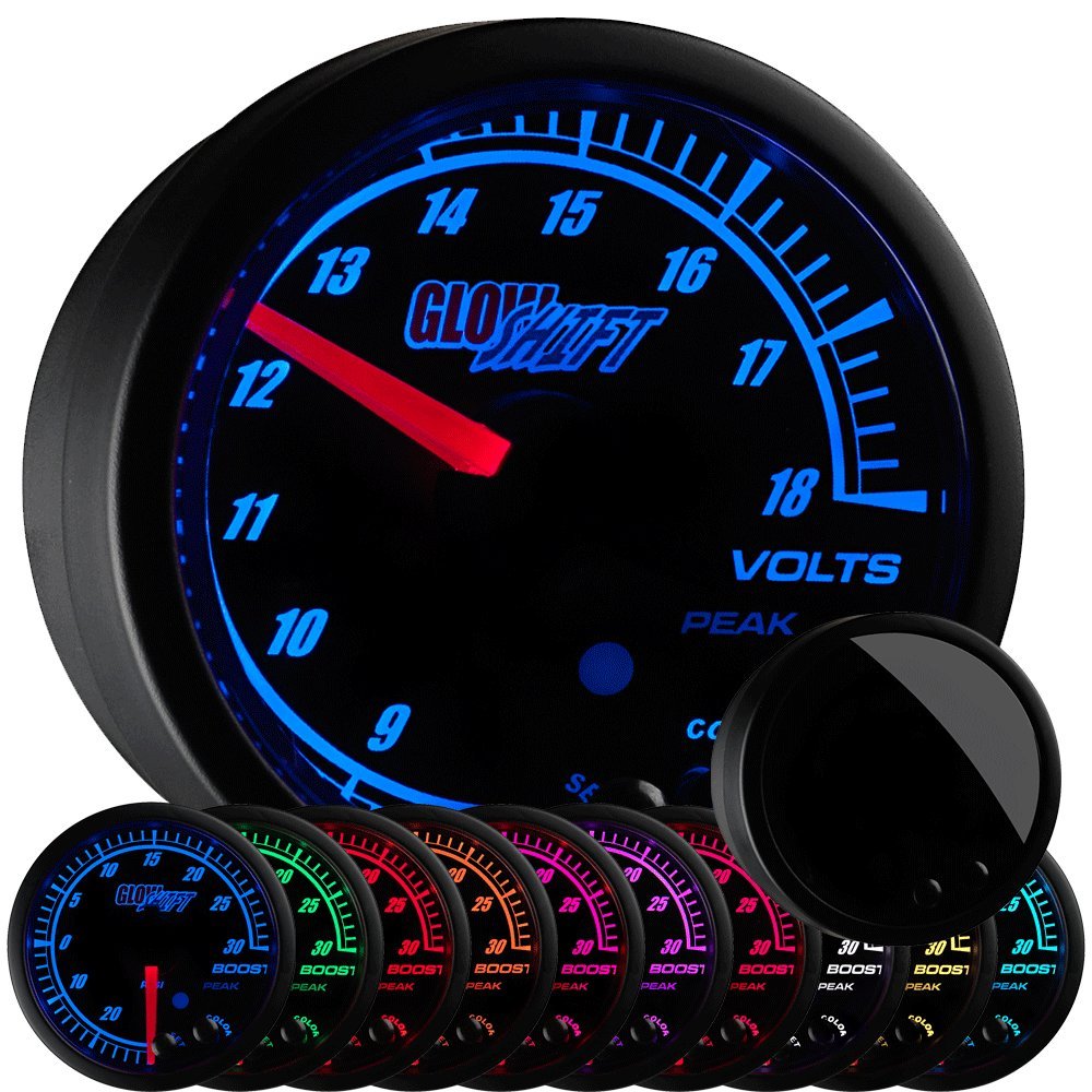 GlowShift Elite 10 Color Volt Voltmeter Gauge - Voltage Range 8 - 18 Volts - Black Dial - Tinted Lens - Peak Recall Function - 2-1/16