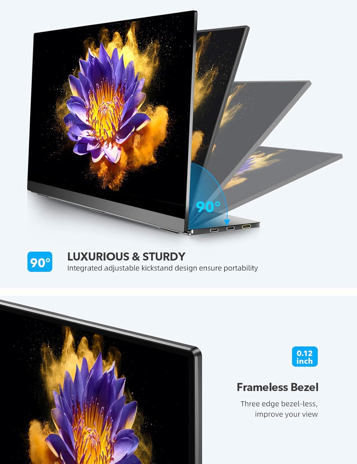 Portable Monitor Touchscreen, UPERFECT Gravity Sensor Automatic Rotate 13.3'' Slimmest 10-Point Touch FHD 1920x1080 Dual USB C Monitor Bracket Integrated & Frameless Bezel Glass HD Laptop Display