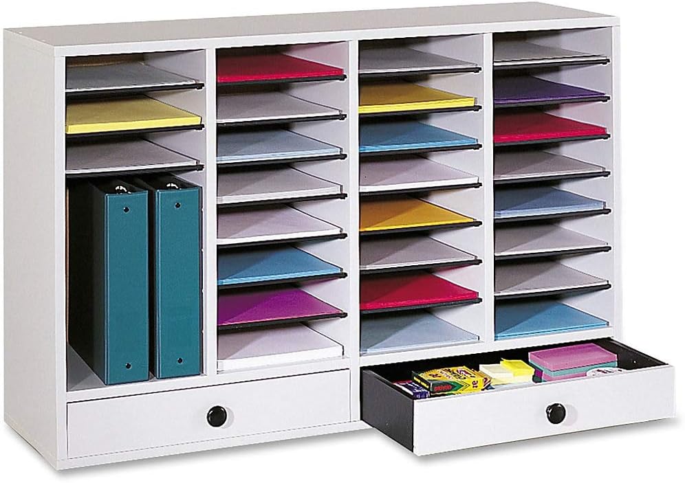 Safco Products Wood Adjustable Literature Organizer, 32 Compartment with Drawers, 9494GR, Grey, Durable Construction, Removable Shelves, Stackable