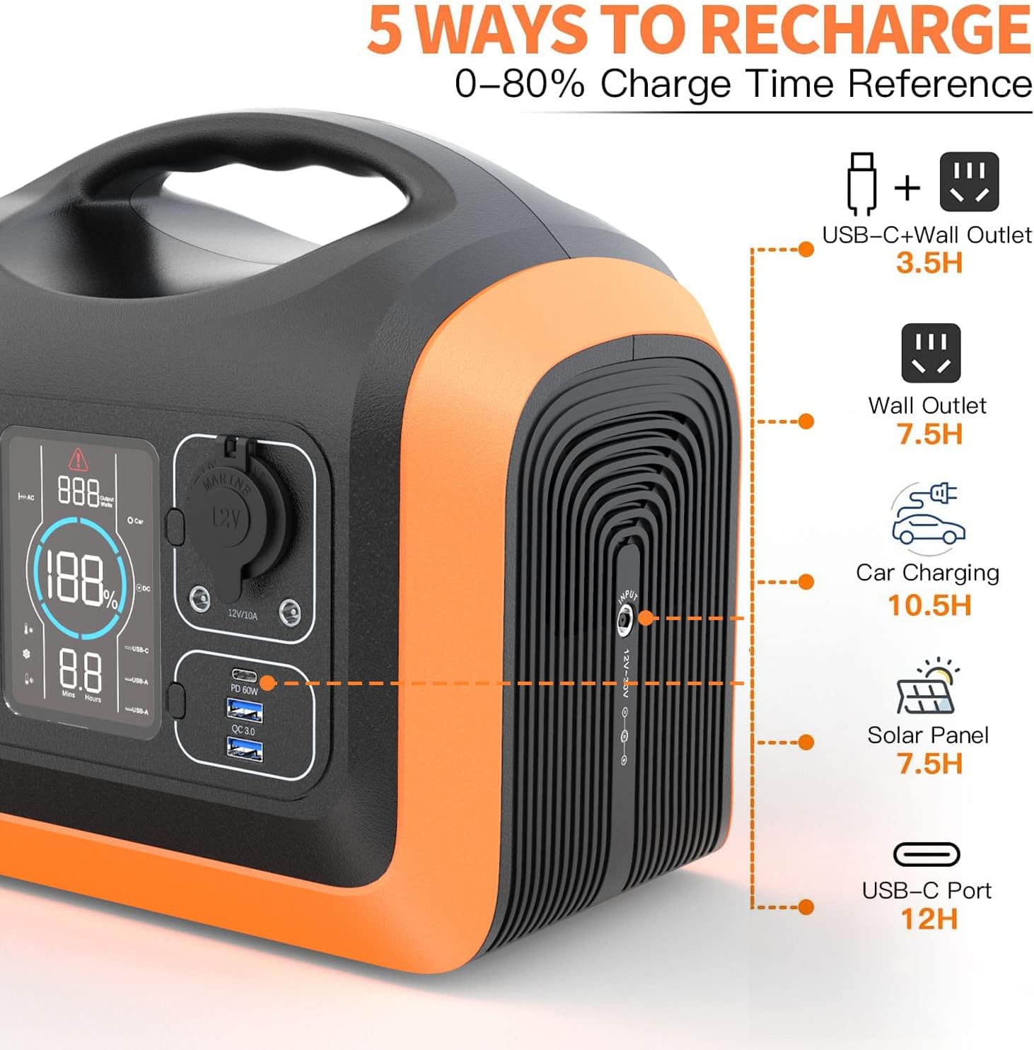 DOEJOY Portable Power Station , 595Wh Backup Lithium Battery Power, 110V/600W Pure Sine Wave AC Outlet/ DC Ports/2 USB Ports/PD 60W, Solar Generator (Solar Panel Not Included) for Outdoors Camping Travel Hunting Emergency with LED light