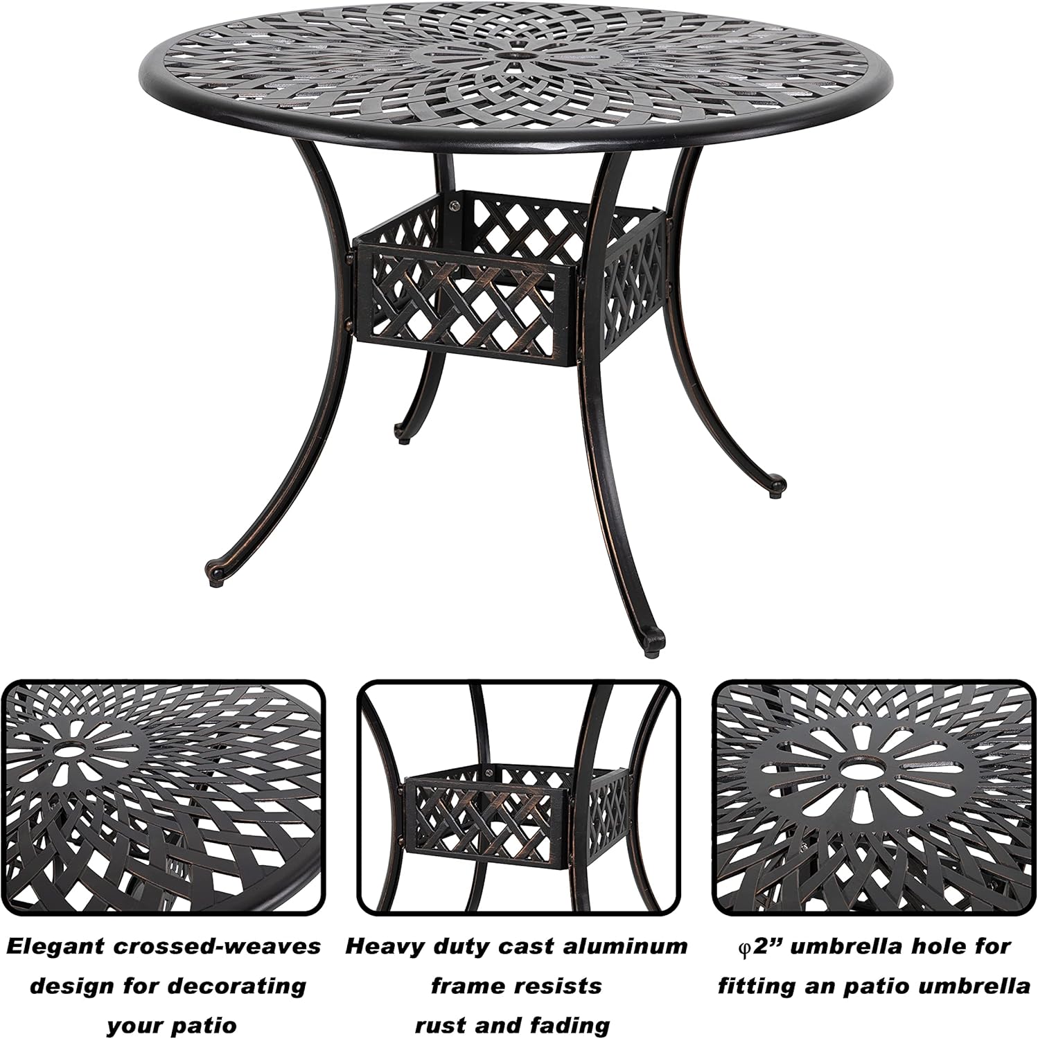 Nuu Garden Round Patio Table, Outdoor Cast Aluminum Patio Dining Table with Umbrella Hole All Weather Patio Bistro Table for Balcony, Garden, Patio, Porch, 42 Inch, Black