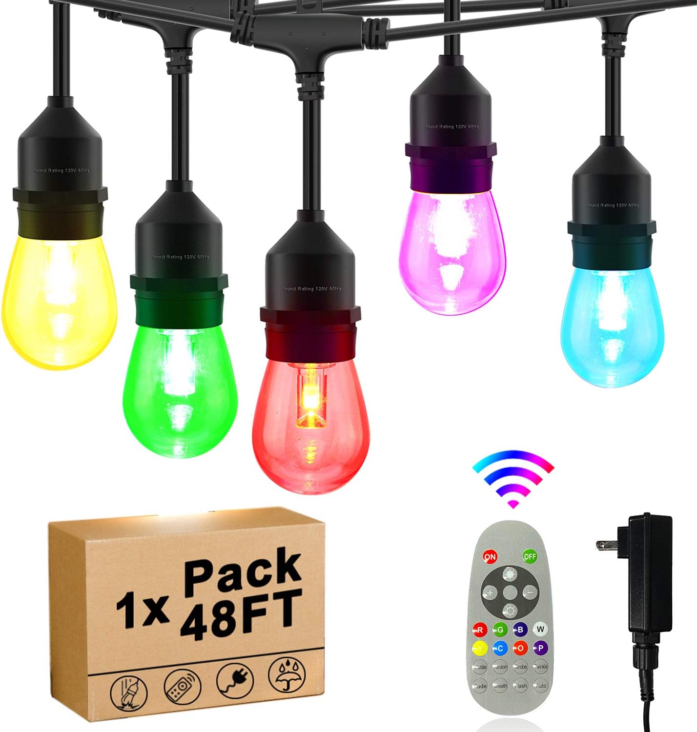 Outdoor String Lights RGB Color Change 48ft x 2-Pack, 30 Dimmable E26 Bulbs Shatterproof, ETL Listed Commercial Grade Connectable Weatherproof for Patio Backyard Wedding Party, EMANER