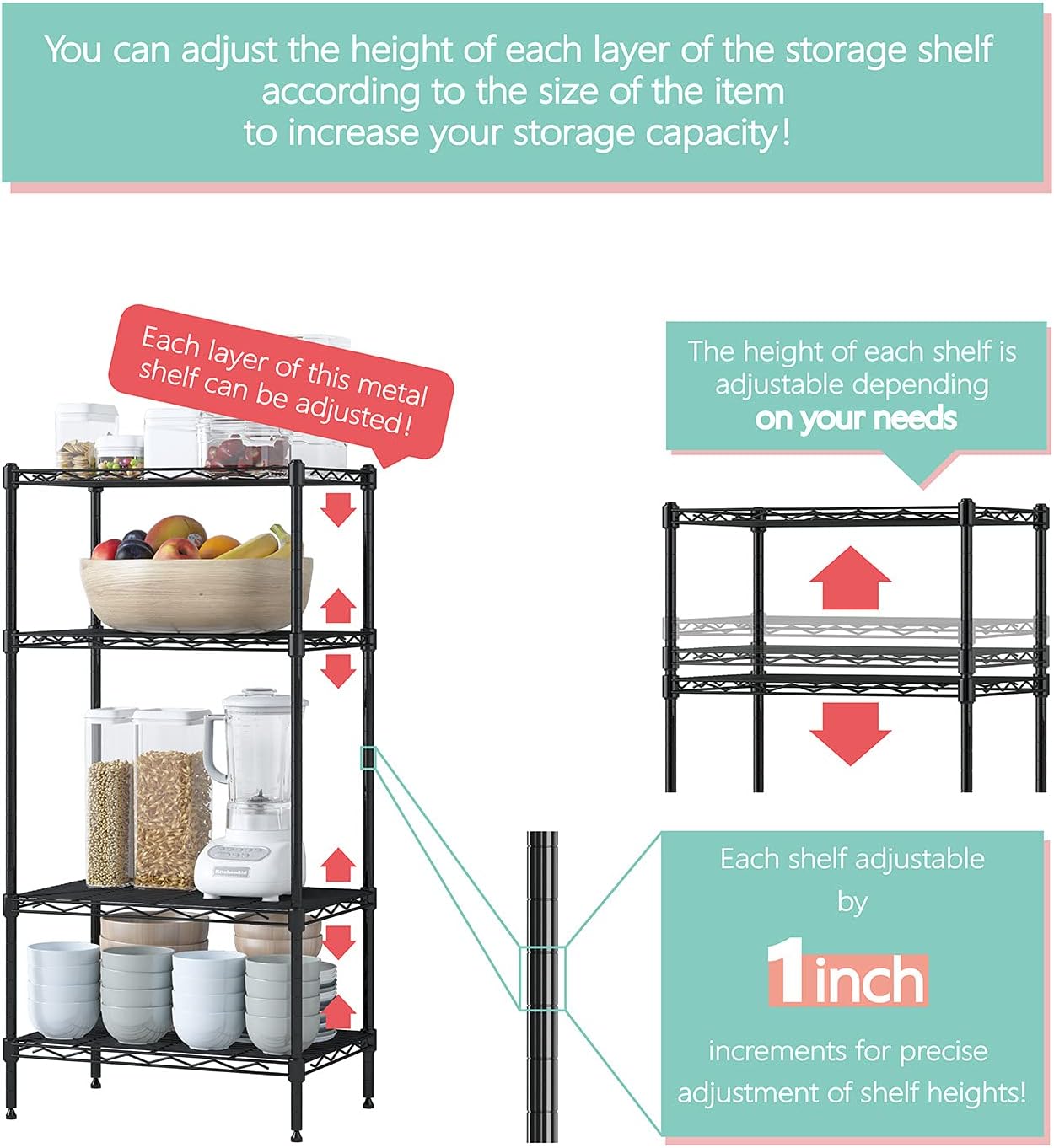 4-Shelf Adjustable,Metal Storage Rack,Steel Organizer Wire Rack,Adjustable Organizer Perfect for Pantry Laundry Bathroom Kitchen Closet,Organization,Black,(17.7L x 11.8W x 35.4H) inches Pack of 2