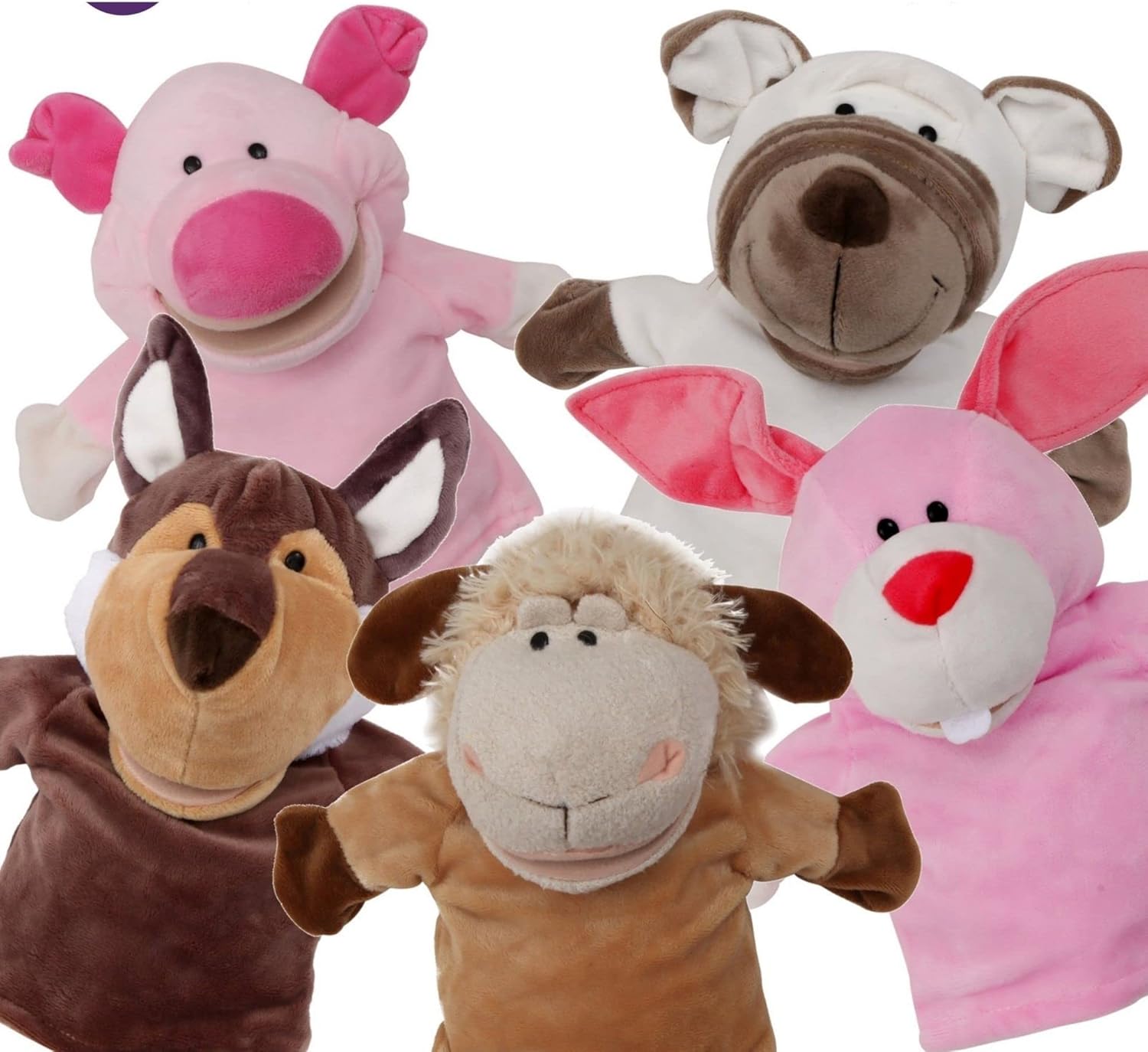 5-Piece Set Animal Hand Puppets with Open Movable Mouth / Zoo, Safari, Farm, Jungle / Cow, Duck, Brown Dog, Frog and Donkey Pack of 2