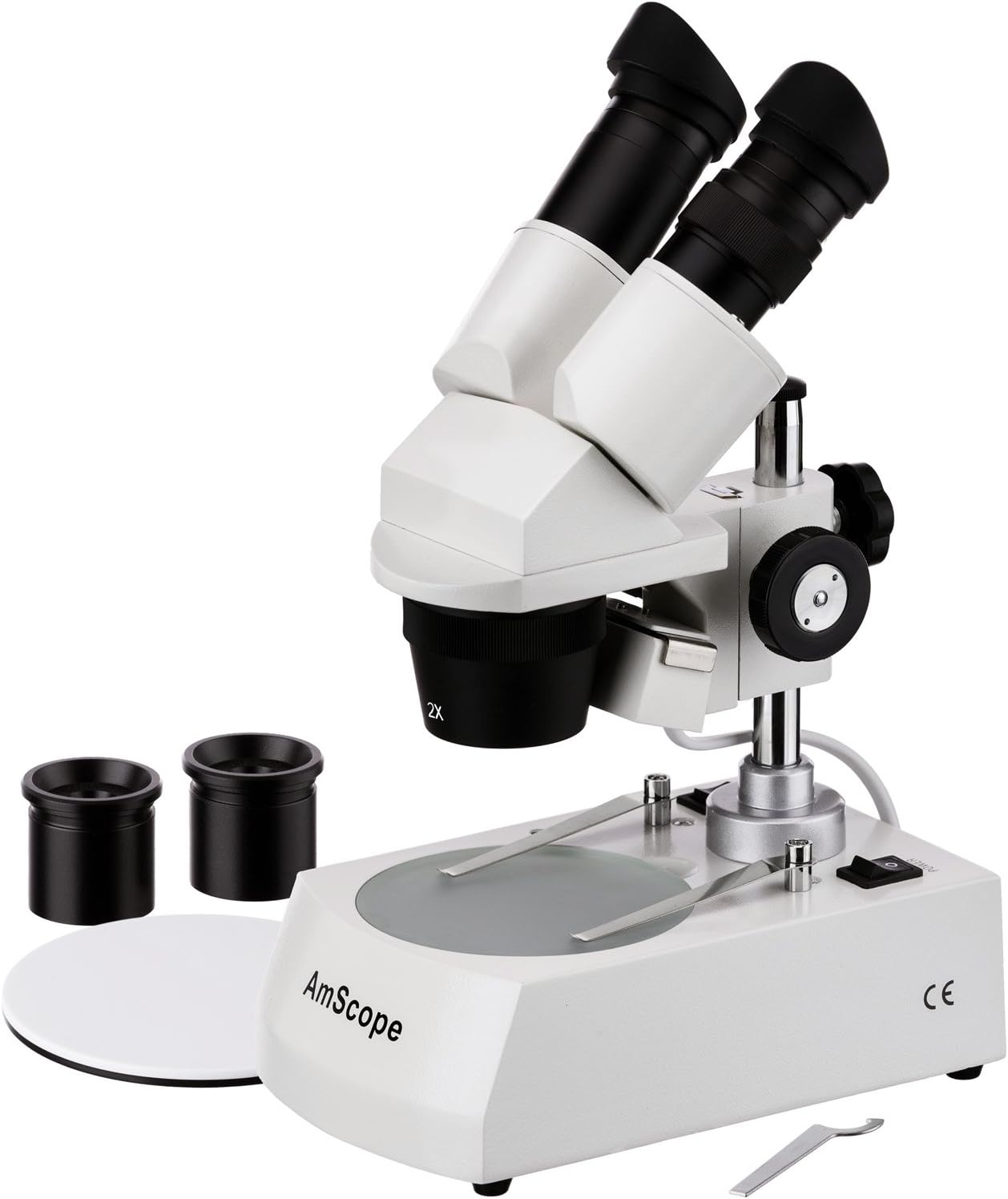 AmScope SE306-PZ Binocular Stereo Microscope, WF10x and WF20x Eyepieces, 20X/40X/80X Magnification, 2X and 4X Objectives, Upper and Lower Halogen Lighting, Reversible Black/White Stage Plate, Pillar Stand, 120V