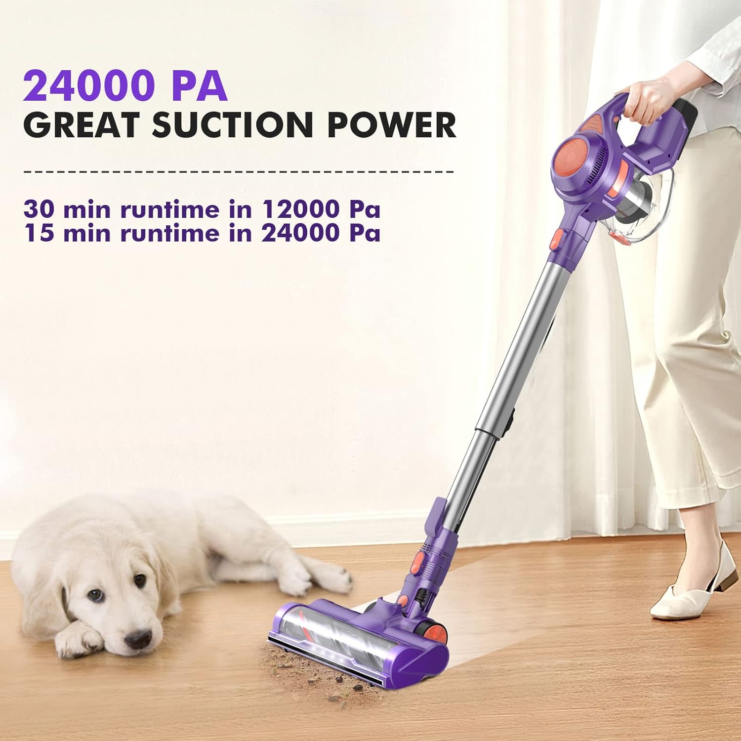 Cordless Vacuum, 24KPa Stick Handheld Vacuum Cleaner with 250W Brushless Motor, 4 in 1 Lightweight Vacuum Cleaner with 2 in 1 Brush, 1.3 Capacity for Hard Floor Hardwood Floor Carpet Pet Hair Car