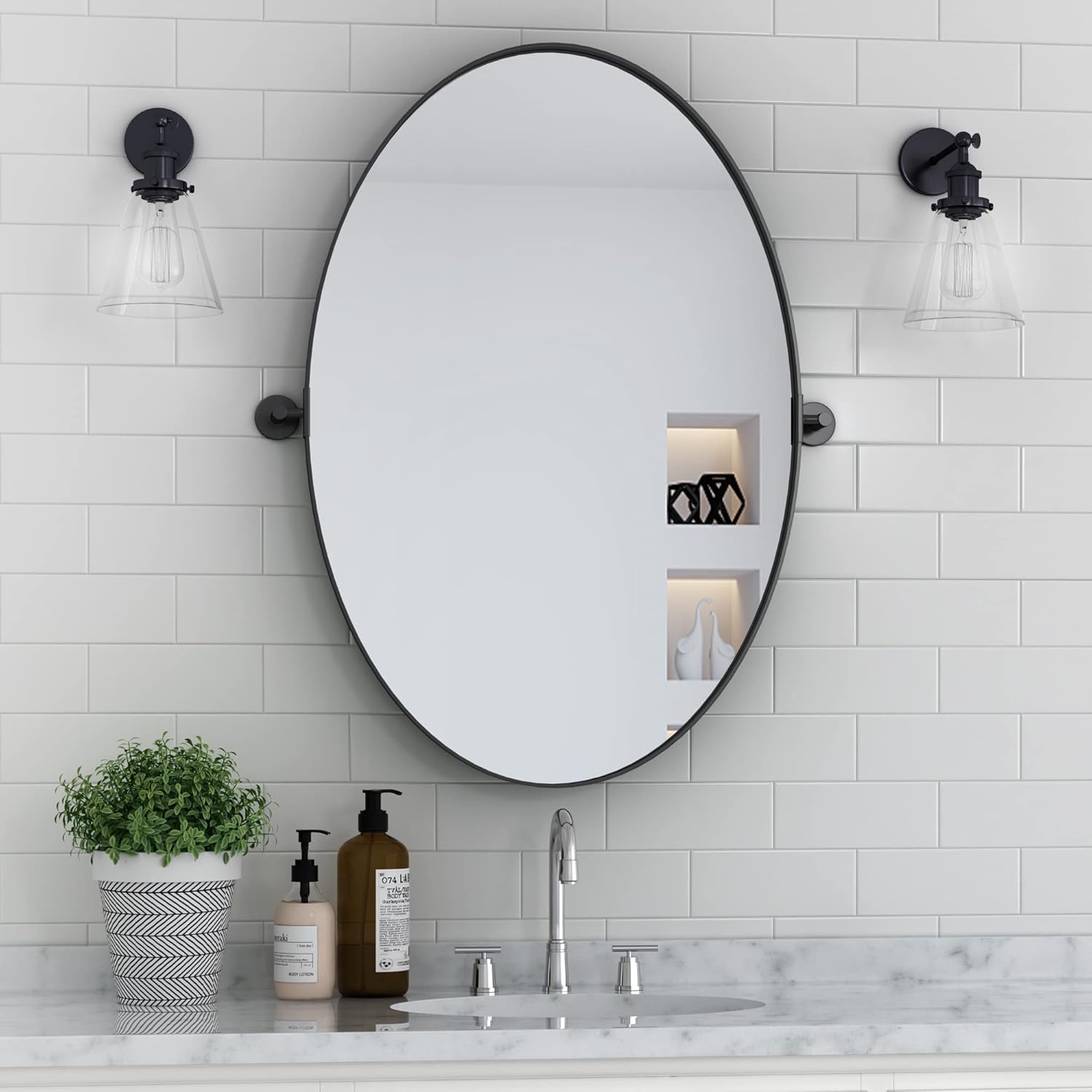 HMANGE Oval Wall Mirror for Bathroom 24 x 36 Inch Pivot Wall Mounted Vanity Mirror Black Metal Frame Decorative Oval Mirrors for Bedroom Living Room