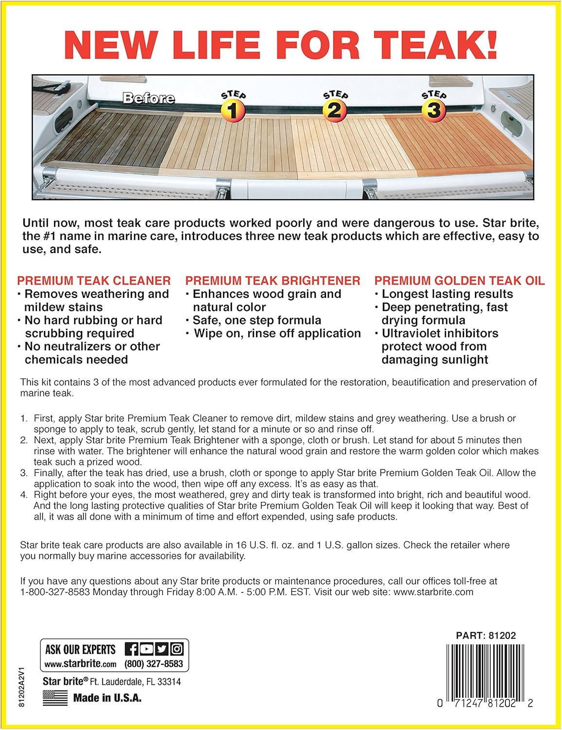 STAR BRITE Teak Care 3 Step Kit - Teak Cleaner + Teak Brightener + Teak Oil - 32 OZ (081202) Pack of 2