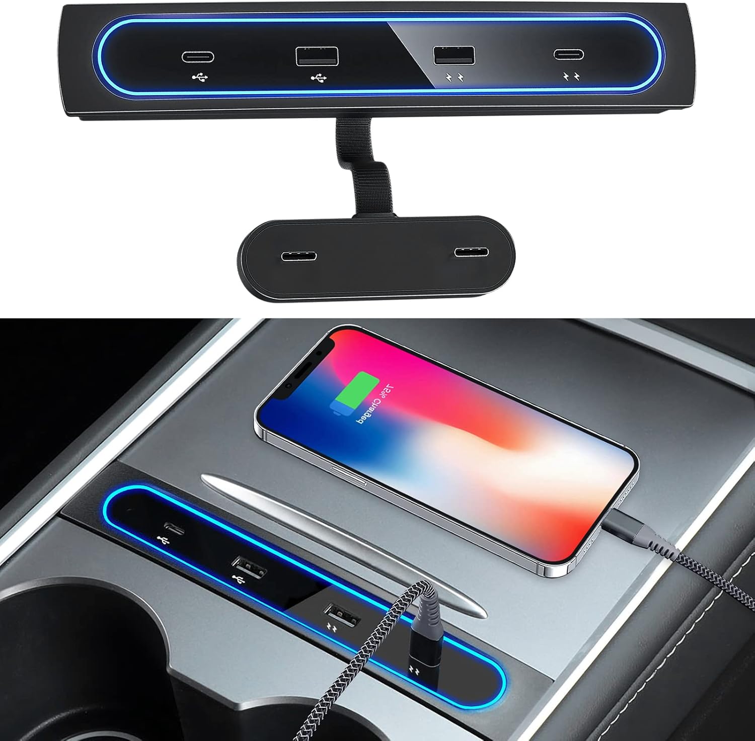 OEC-T5 Tesla 2021 2022 Model Y Model 3 USB Hub 4 in 1 Center Consoles Car USB Charger with PD Fast Charge Port and Blue Automatic LED Ambient Light Fit for 2021 Tesla Model Y Model 3 Accessories
