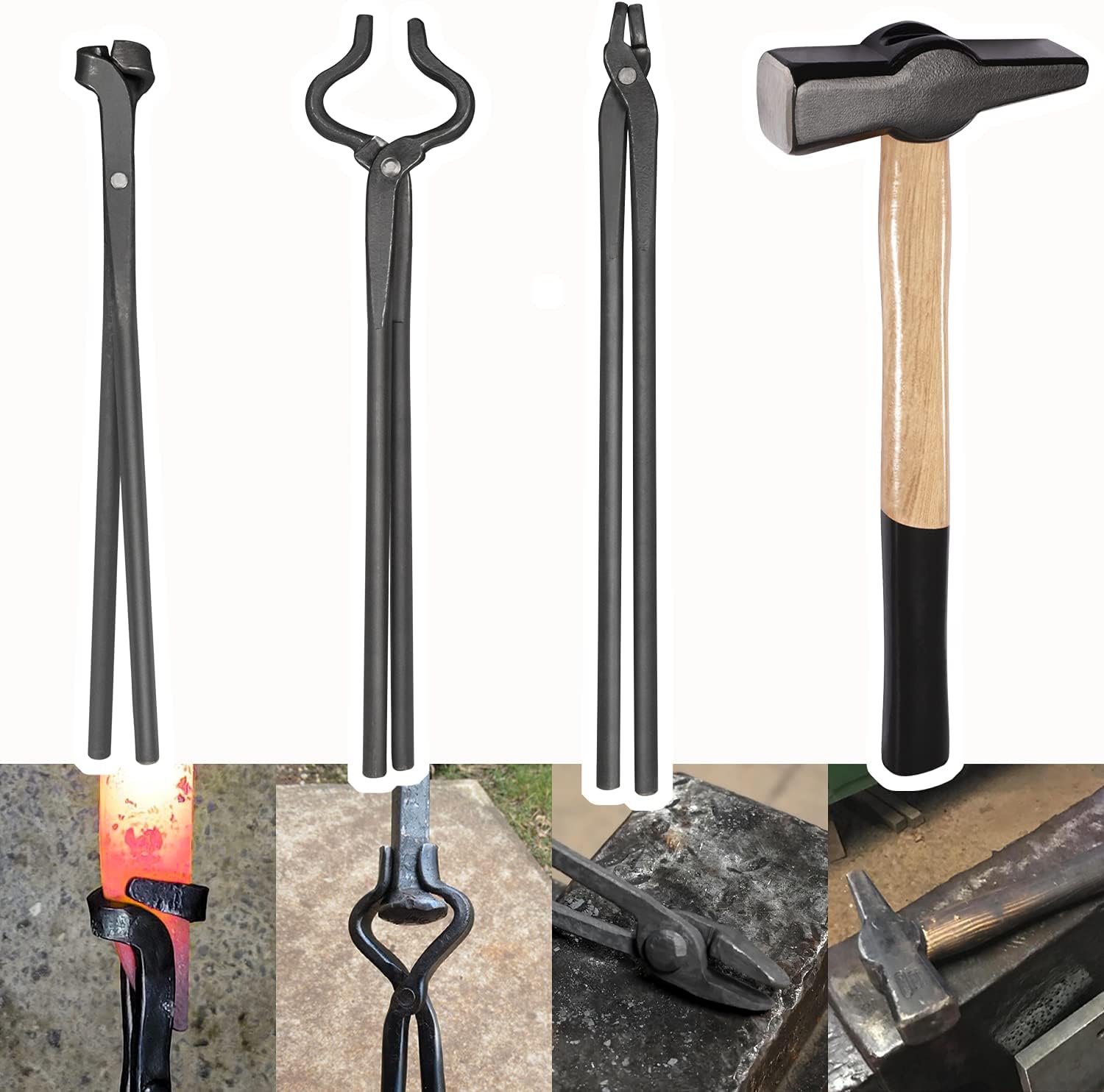 Knife Making Tongs Set and Blacksmiths&rsquo; Hammer Assembled Bladesmith Forge Tong Tools Set Vise Tools with Blacksmiths&rsquo; Hammer &ndash; 4Pcs