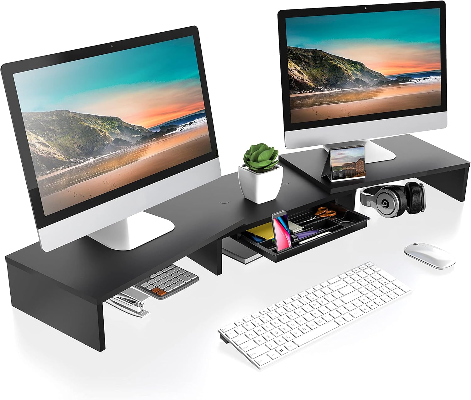 FITUEYES Dual Monitor Stand &ndash; 3 Shelf Computer Monitor Riser, Wood Desktop Stand with Adjustable Length and Angle, Desk Accessories, Office Supplies Medium Black, with Storage Drawer