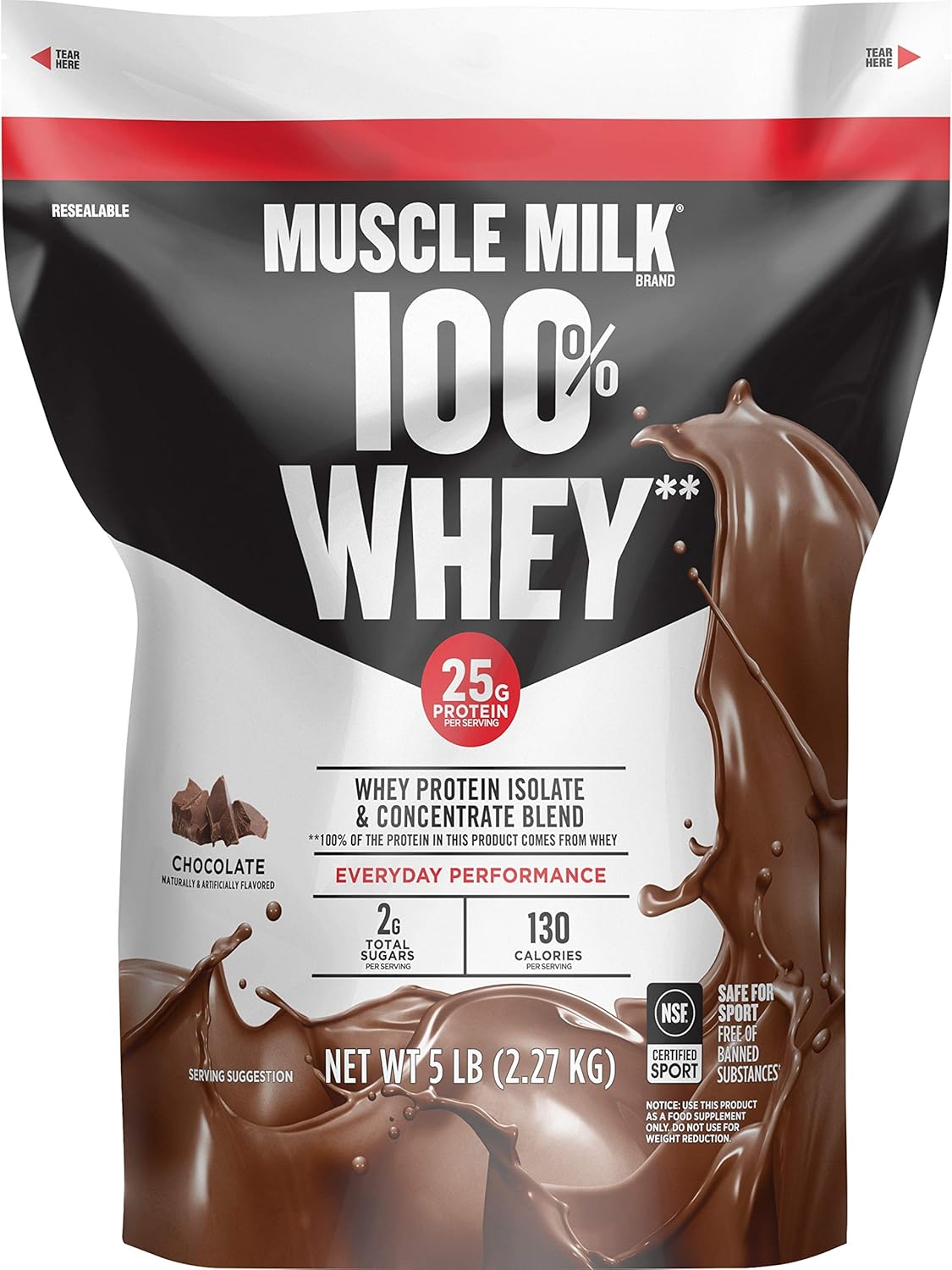 Muscle Milk 100% Whey Protein Powder, Chocolate, 25g Protein, 5 Pound Pack of 2