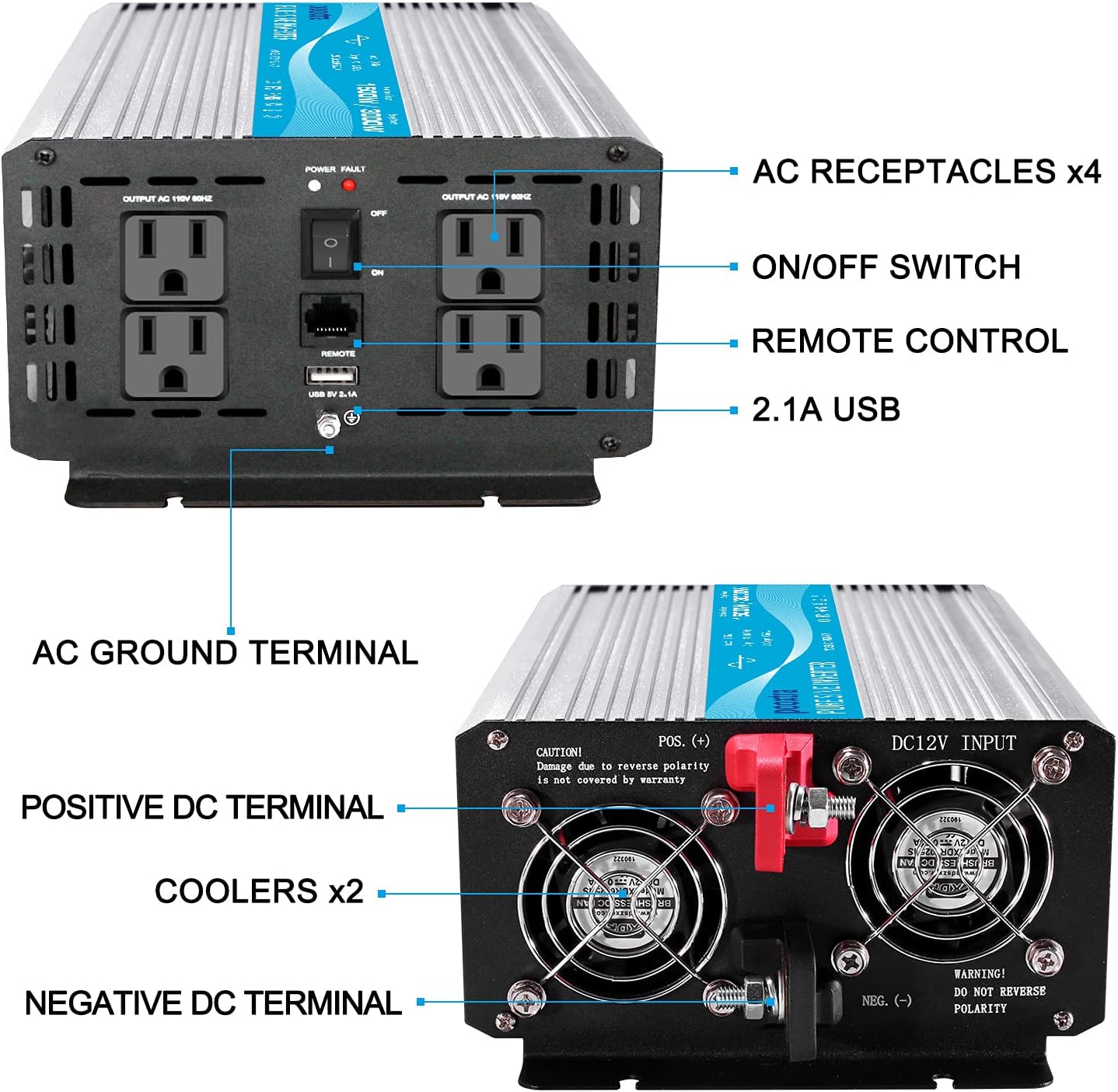 POOXTRA 2000 Watt Pure Sine Wave Inverter DC 12V to 110V Power Inverter with 4 AC Outlets,2.1A USB Ports and 16.4ft Remote Control