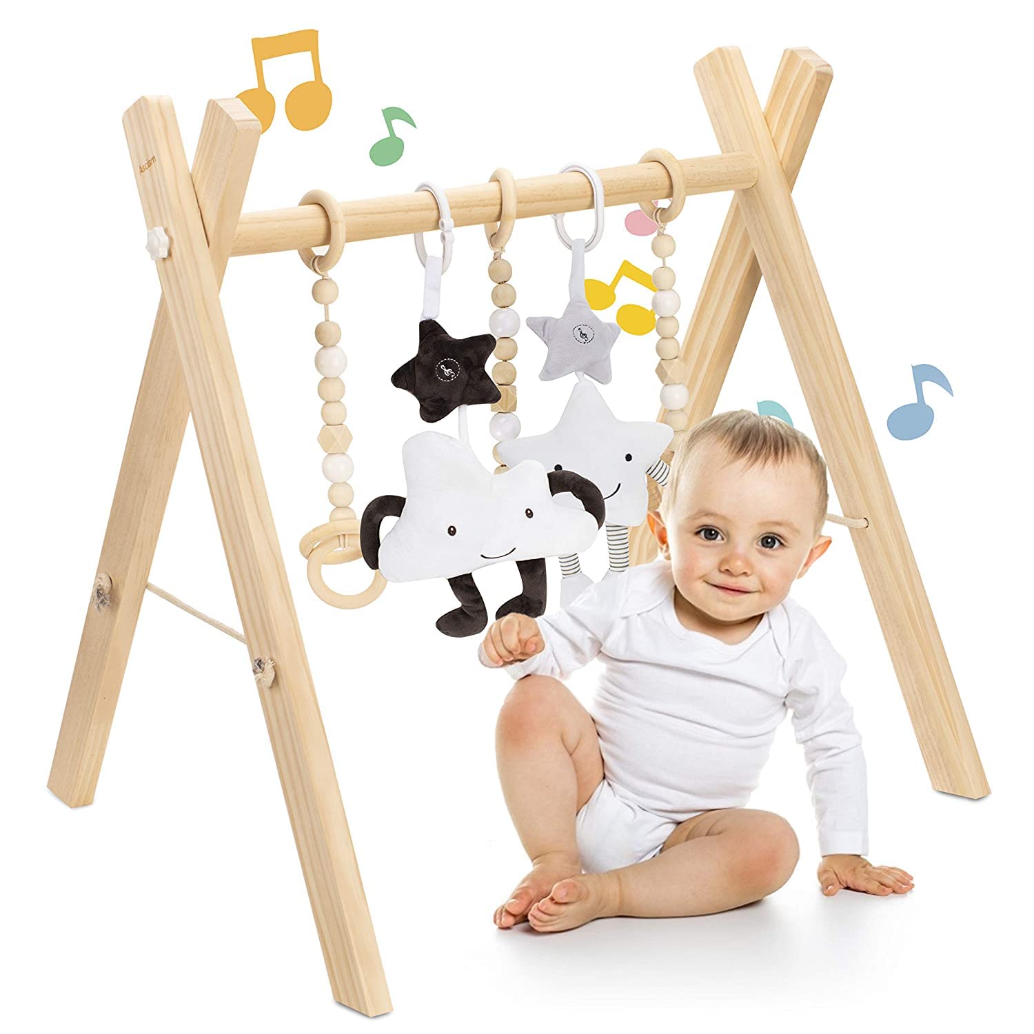 Foldable Wooden Baby Play Gym+Animal Sensory Hanging Rattle Toys(2 PCS)+Baby Teething Toys(3 PCS), with Babies Visual/Cognitive/Sensory Stimulation-for Babies 0-12 Month Pack of 2