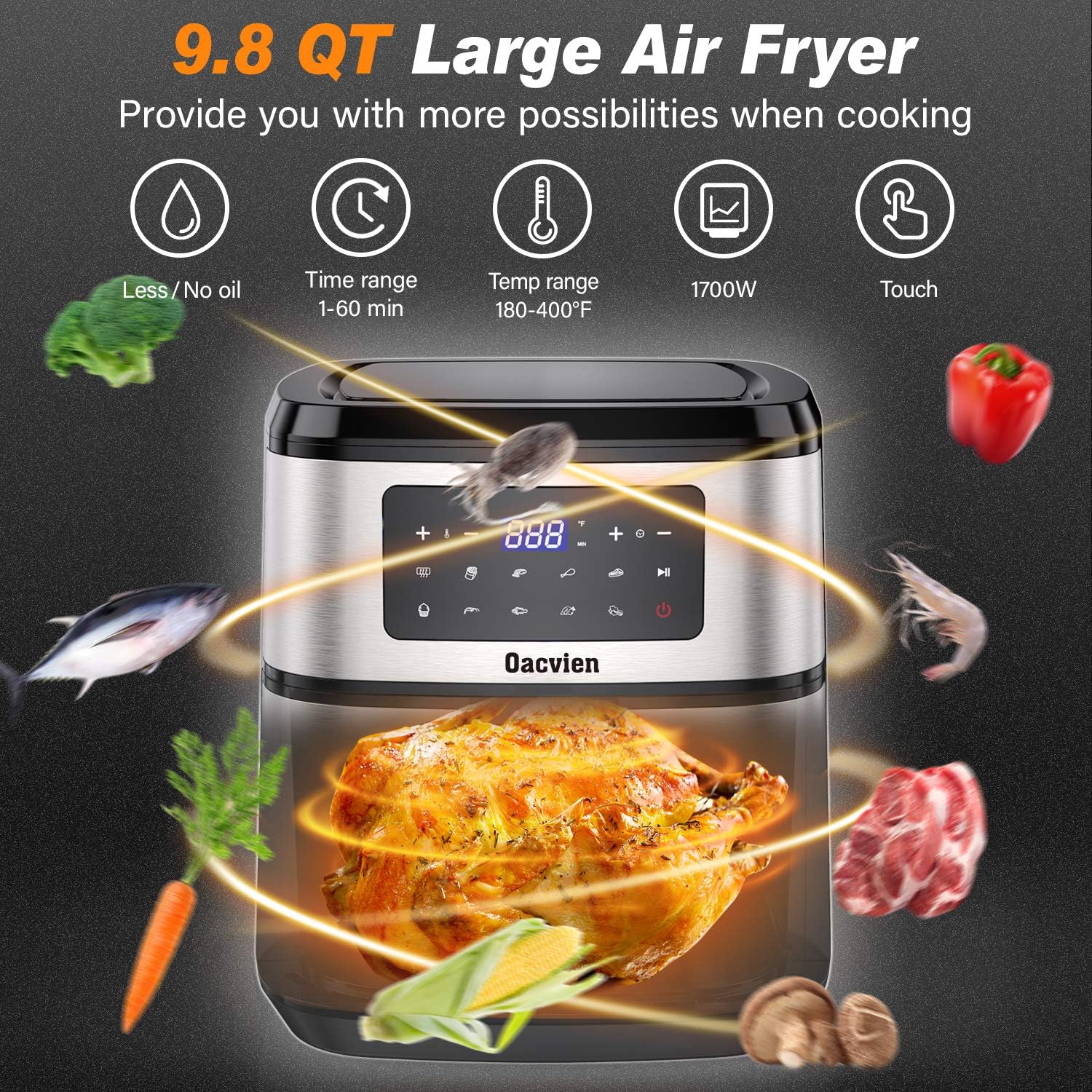 Oacvien Large Air Fryer, 9.8 Qt Air Fryers, 9 in 1 XL Air Fryer Oven, Airfryer Oilless Cooker with LCD Touchscreen, Temp and Time Control for Roasts, Bakes, Thaw, Dehydrate, ETL Certified, 1700W
