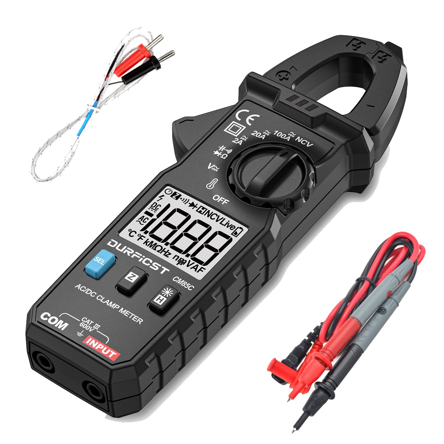 Clamp Meter, DURFICST AC/DC Clamp Meter, Auto Range 100A 600V NCV High Precision Clamp Multimeter, Portable Digital Clamp Meter with Resistance, Capacitance, Diode, Continuity