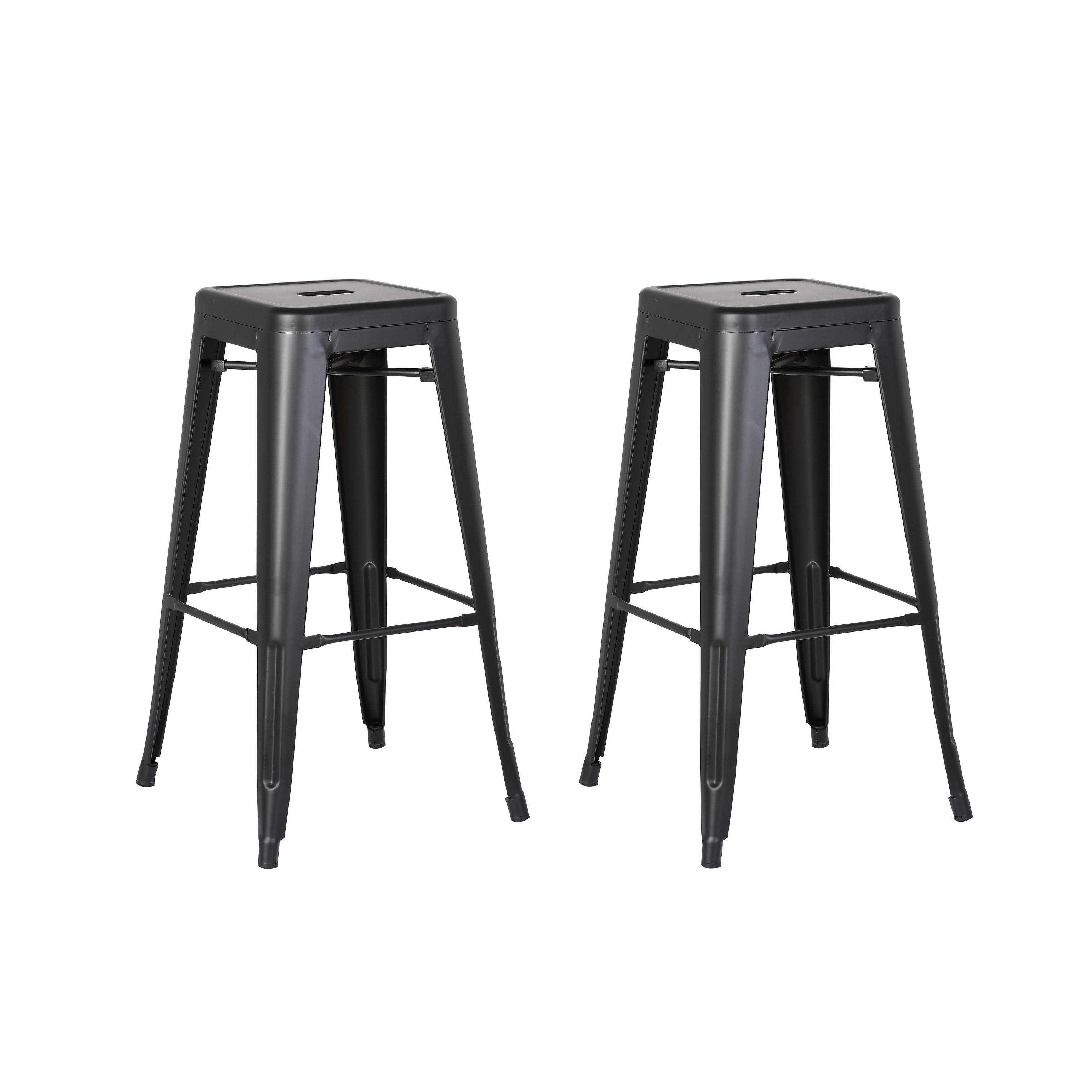 Benzara BM208783 Square Wooden Counter Stool with Metal Peg Legs Distressed Black - Set of 2