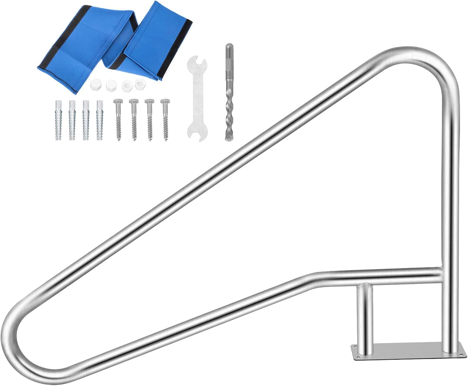 VEVOR Pool Rail 55x32 Pool Railing 304 Stainless Steel 250LBS Load Capacity Silver Rustproof Pool Handrail Humanized Swimming Pool Handrail with Blue Grip Cover & M8 Drill Bit & Self-Taping Screws